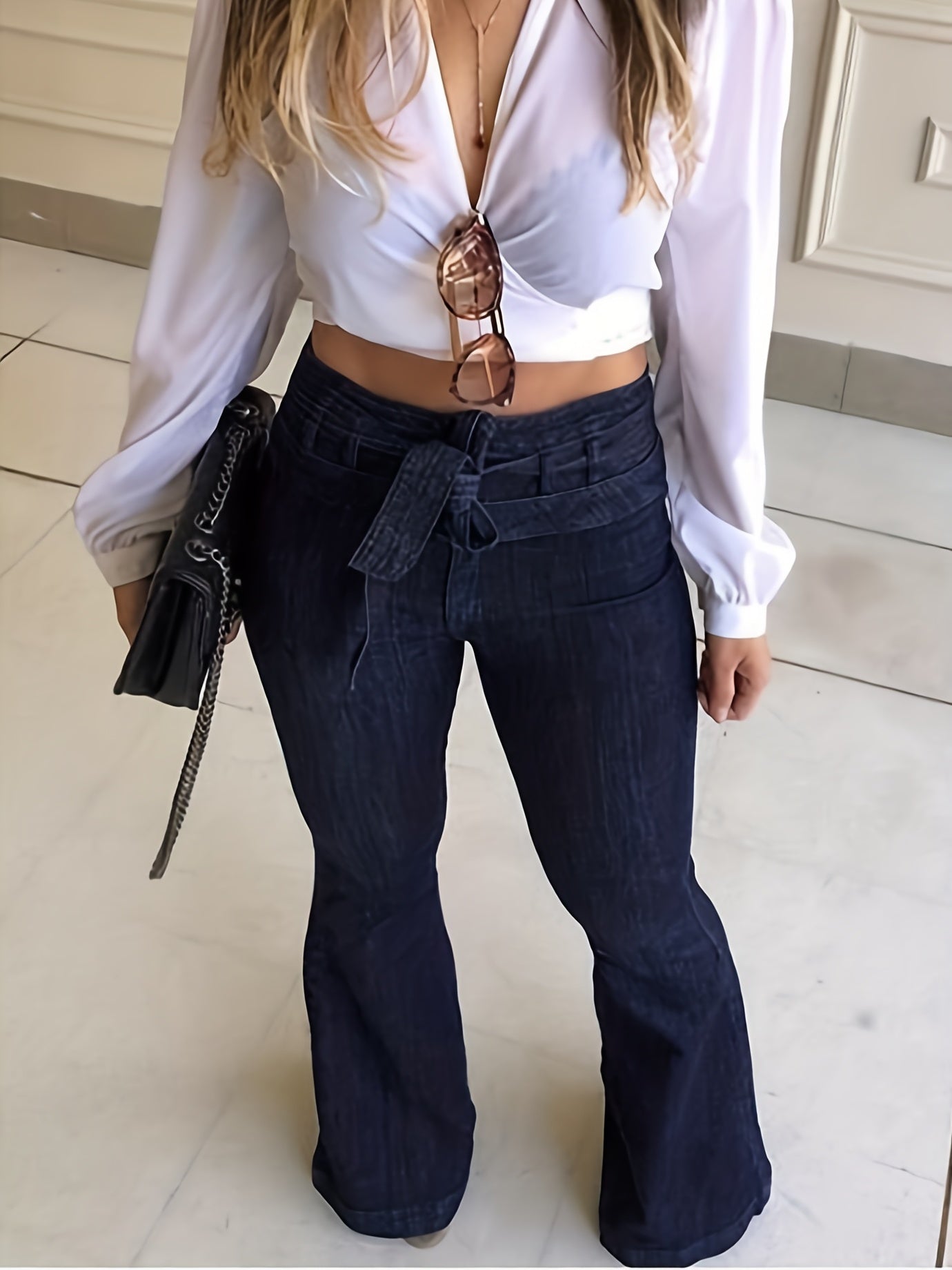 Women's High-Waisted Skinny Bell Bottom Jeans - Ripped Raw Hem Denim Pants with Belt Loops, Mid-Stretch Machine-Washable Fabric for Casual & Semi-Formal Outfits, Versatile Fashion Pants | Flared Leg Denim | Trendy Denim Style