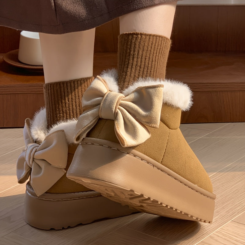 3 Sizes Available, One Style, Winter Warm Women'S Snow Boots with Bow, Thick Sole Slippers for Outdoor Fashion, Plush Indoor Home Shoes