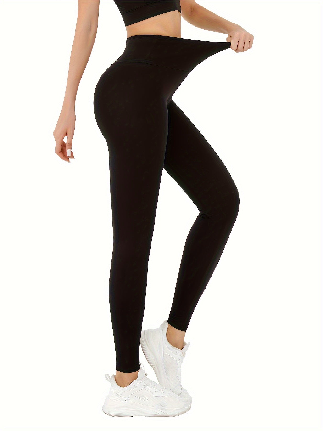 Women'S High-Waisted Tummy Control Leggings, Super Soft Polyester 92% Spandex 8% Knit Fabric, Solid Color All-Season Sports Pants for Yoga, Running, Workout - 190g/m² Stretch
