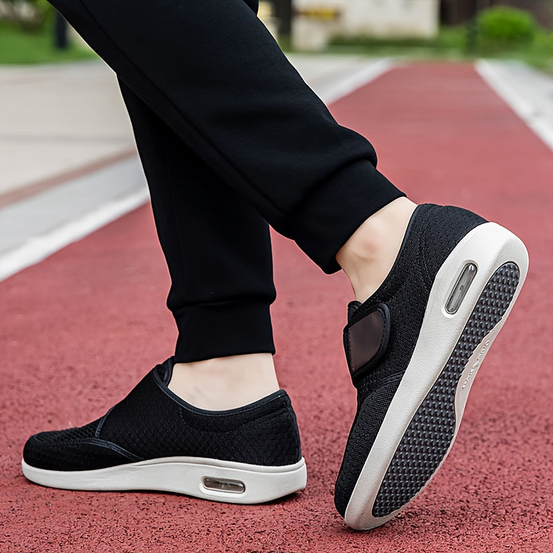 Women's Wide Width Comfortable Slip-Resistant Round-Toe Shoes with Arch Support & -like Cushioning - Breathable Fabric Upper, Low-Top Design, Adjustable Hook-and-Loop Closure, Non-Slip Rubber Sole - Senior-Friendly Black Elderly Foot Care Shoes for Sprin