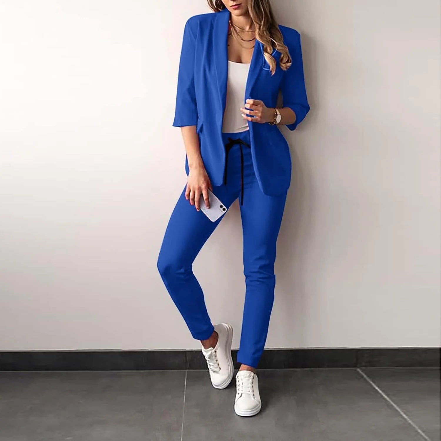Women’S Pantsuit – Tailored Blazer with 3/4 Sleeves – Slim Fit Trousers – Office Wear