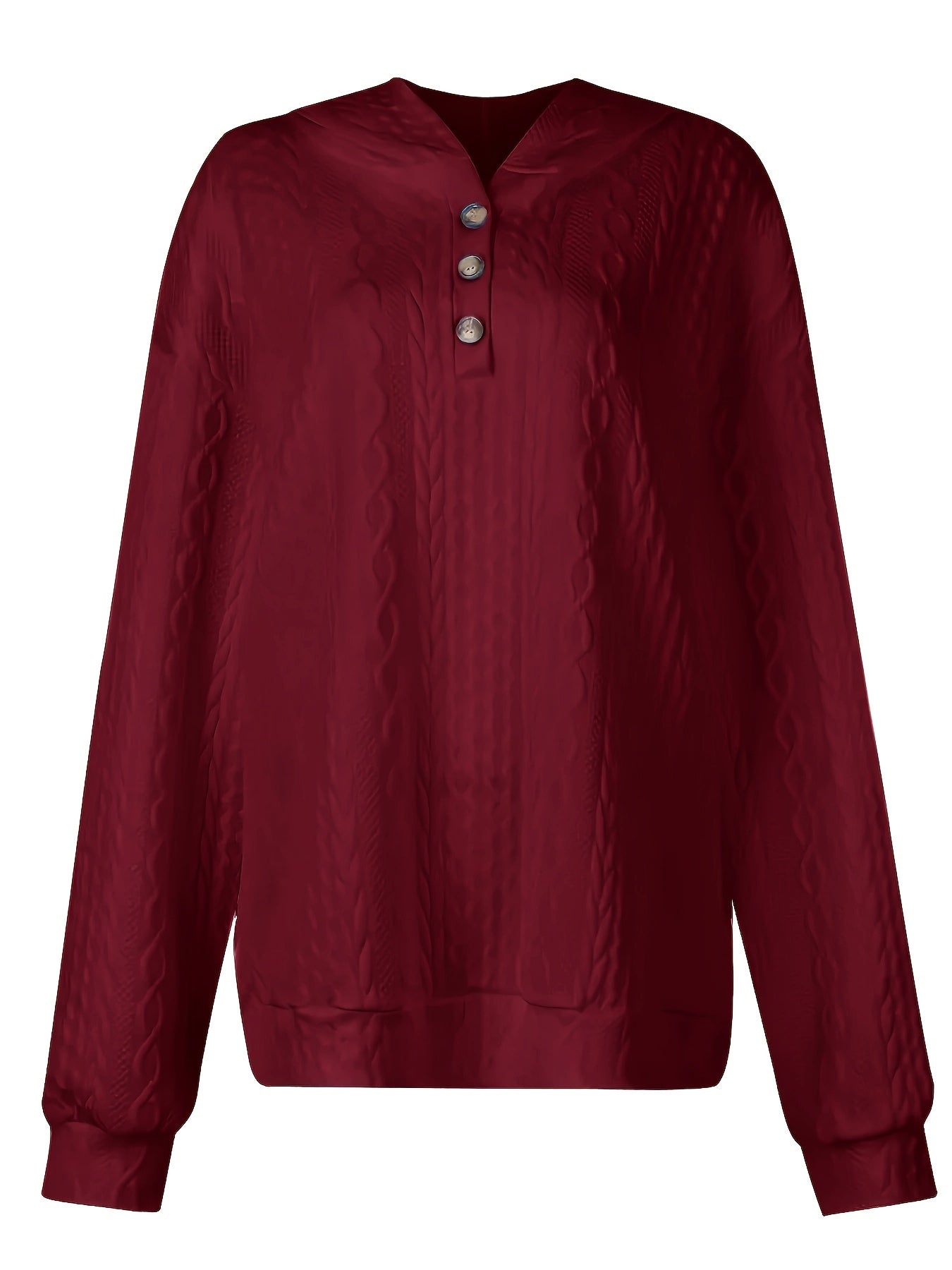 Plus Size Casual Sweatshirt, Women's Plus Solid Jacquard Long Sleeve Henley Hooded Sweatshirt
