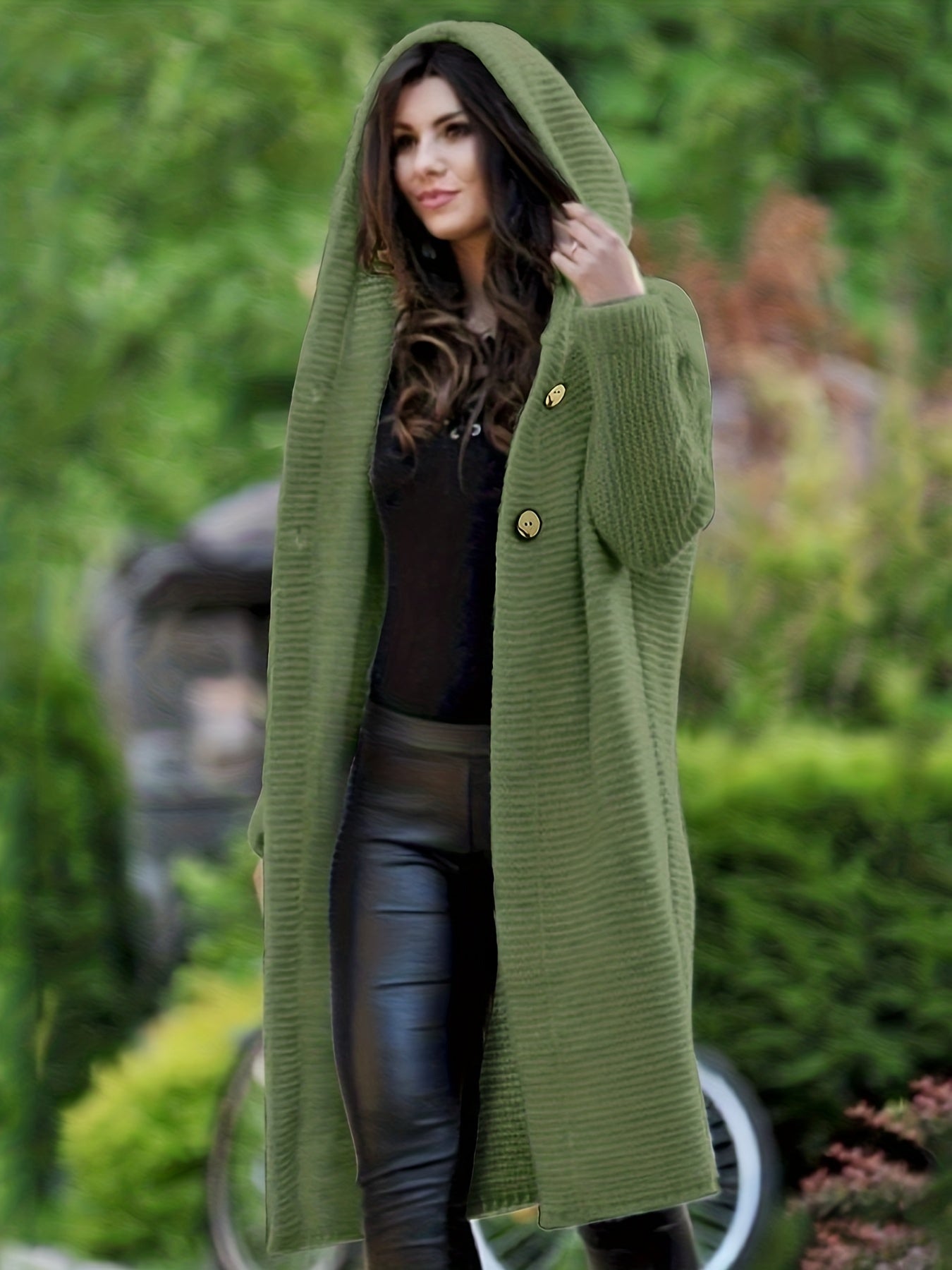 Solid Hooded Button Front Cardigan, Casual Long Sleeve Cardigan For Fall & Winter, Women's Clothing