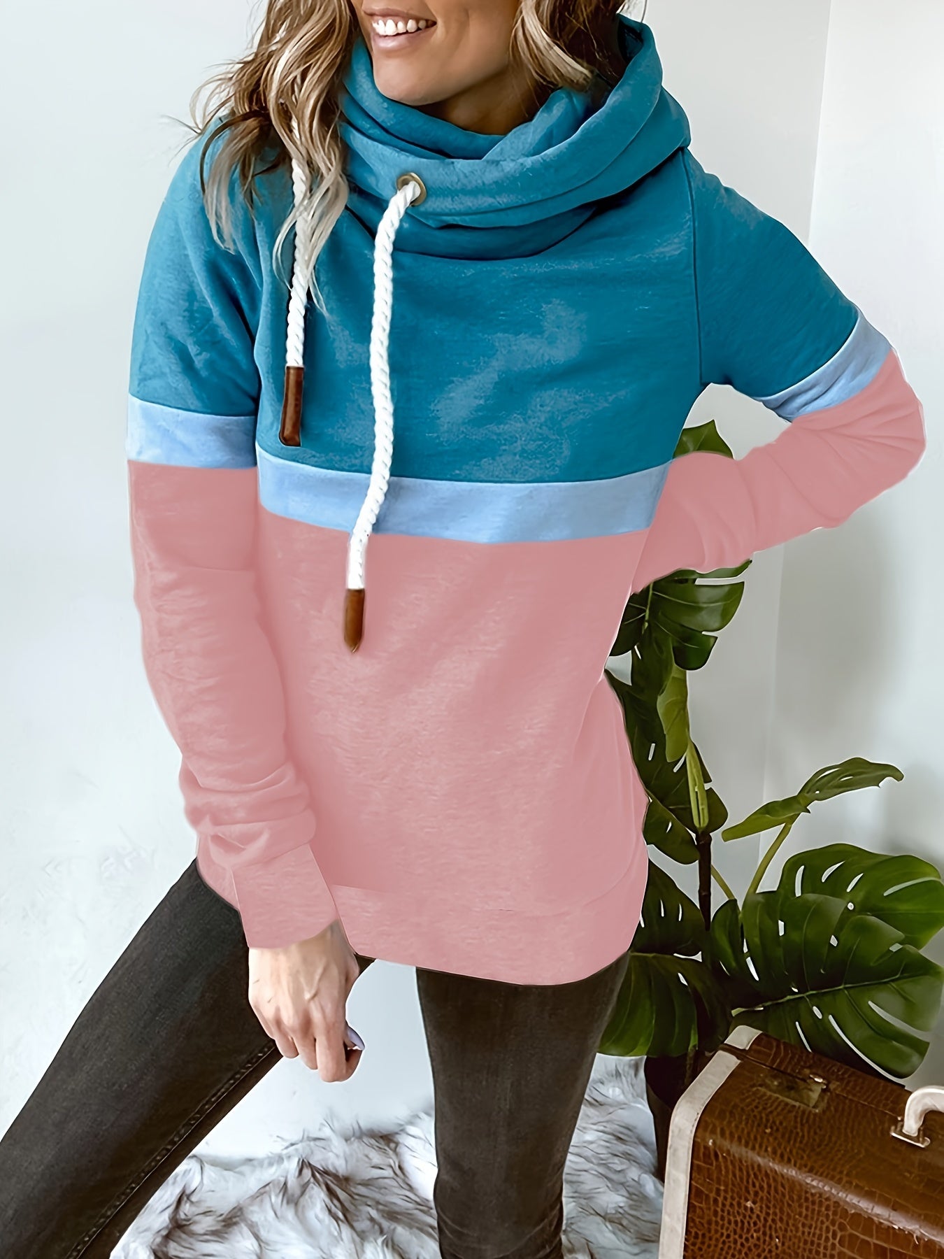 Women's Hoodie 2025 New Style Solid Color Patchwork Casual High Neck Pullover for Autumn/Winter