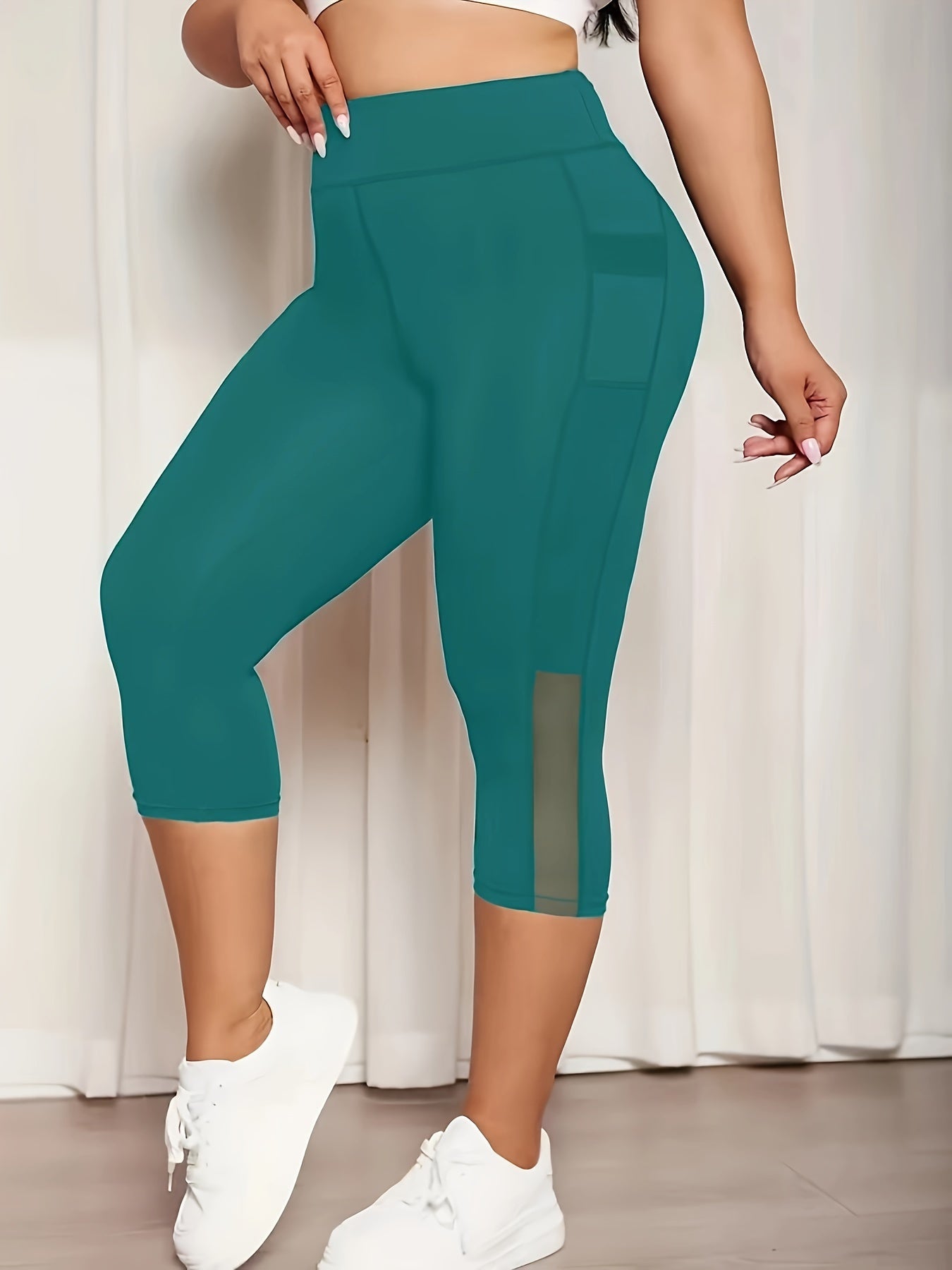 Plus Size Mesh Seven-Split Pants with Pockets, High-Waisted Tummy Control Workout Running Yoga Leggings, Women's Sportswear