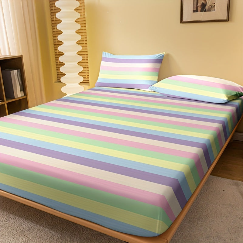 1pc Striped Brushed Fitted Sheet, Soft Comfortable Bedding Mattress Protective Cover, For Bedroom, Guest Room, With Deep Pocket, Fitted Bed Sheet Only