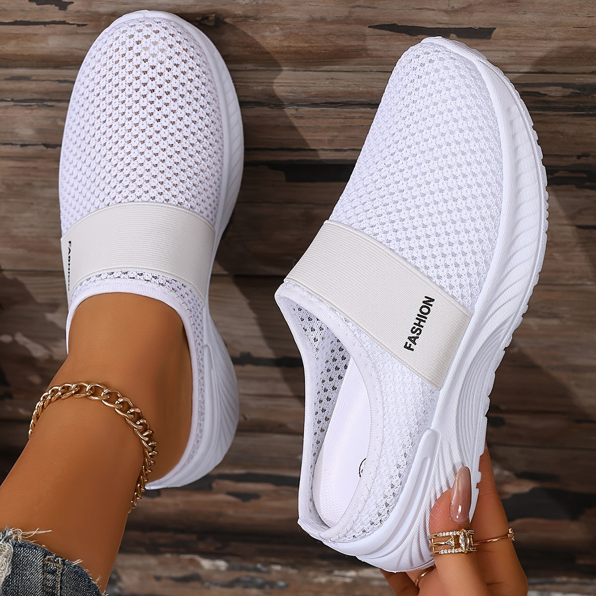 ZOSIVC Women'S Slip-On Casual Sneakers - Breathable Mesh Upper, Soft Cushioned Insole & Durable Rubber Sole, Low-Top White Design for Beach Vacations, Travel & Summer Outings, Comfortable Footwear, Fashionable Slipons, Flexible Footwear
