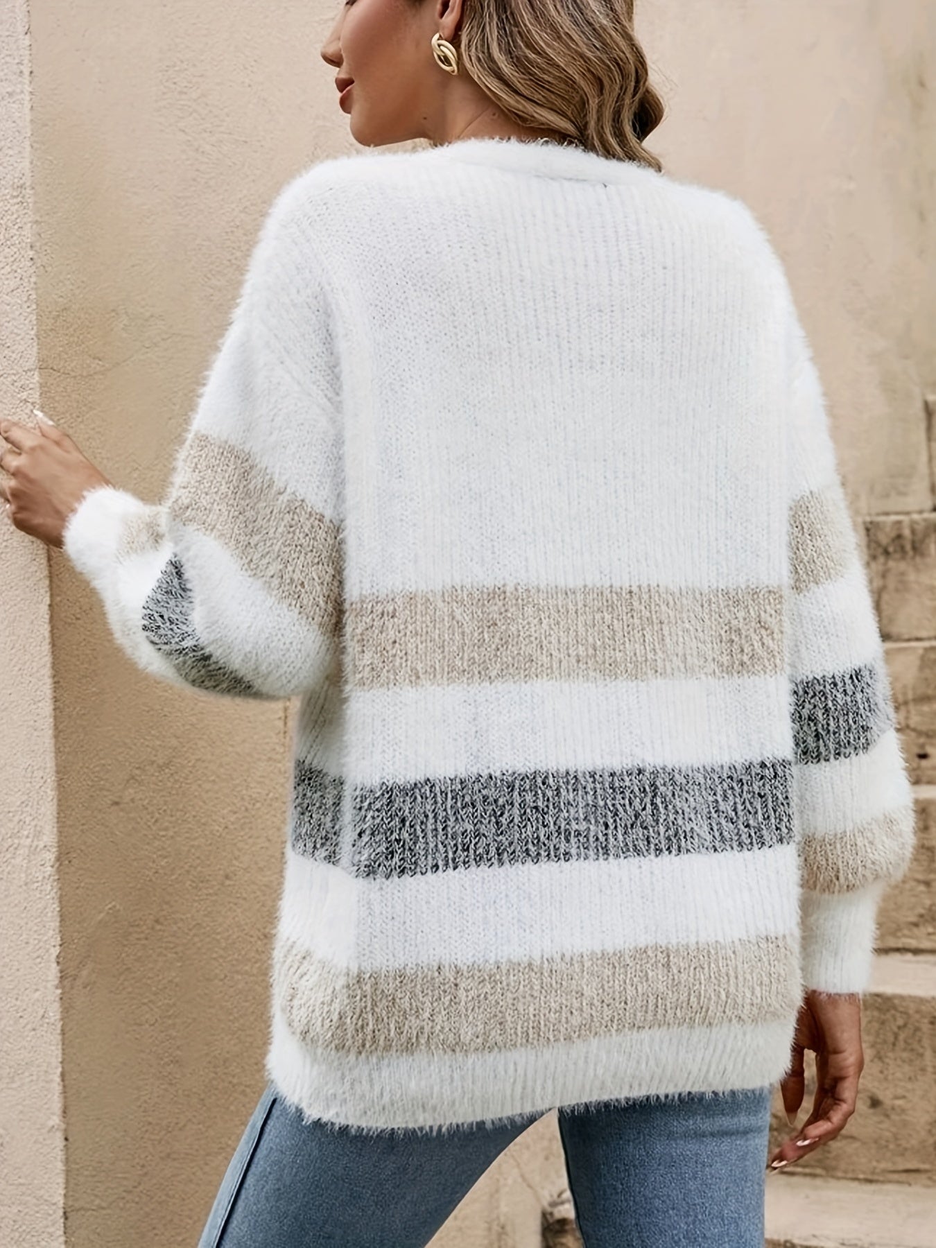 Women's French Stripe Cardigan - Chic Beige/Brown/Gray/Black/White/ - Button Front Closure, Non-Transparent Fall/Winter Sweater for Everyday & Formal Outfits, Cardigan Sweater, Winter Layering Piece, Deep V Design, Soft Textured Fabric