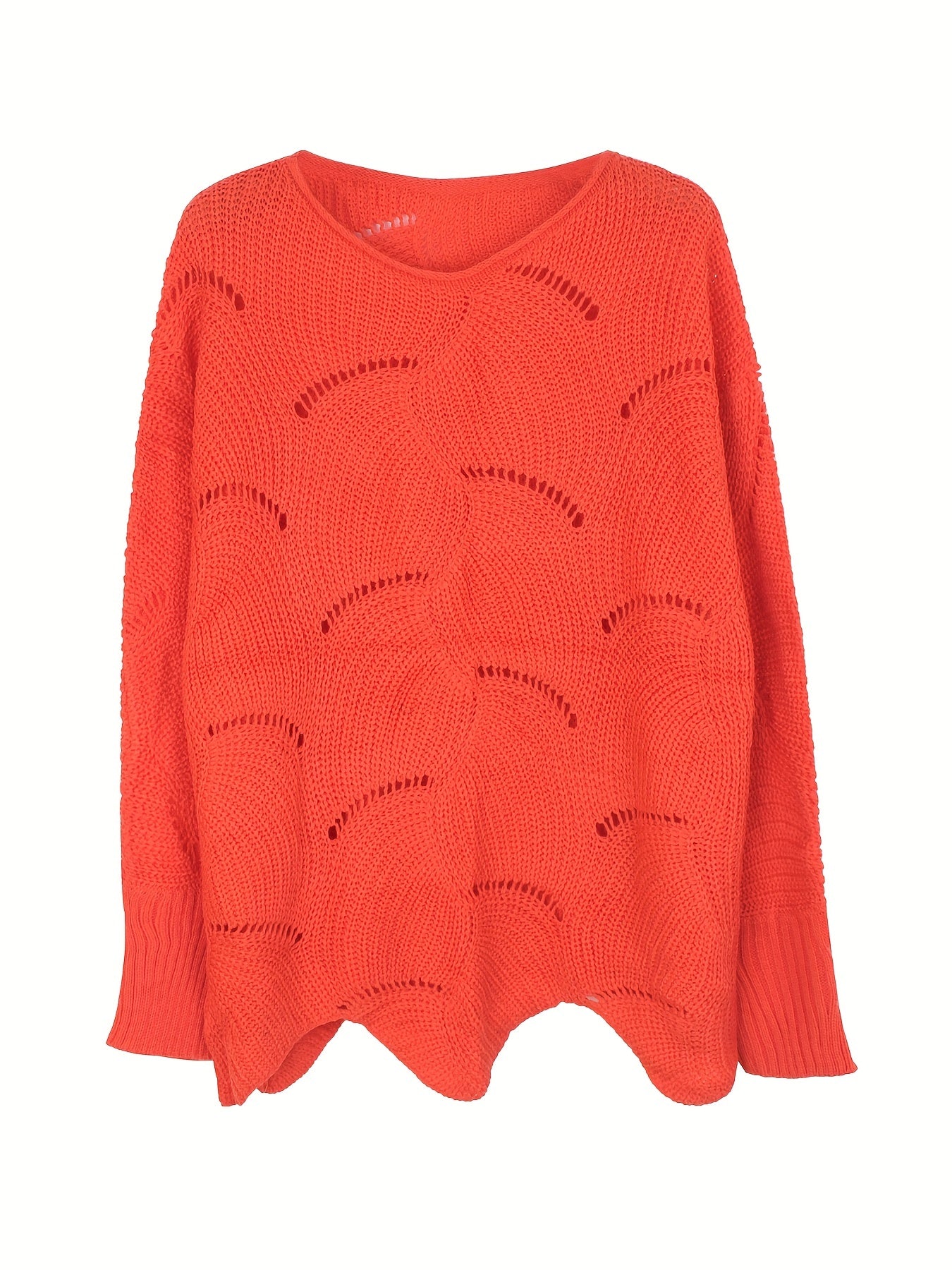 Women's Casual Loose-Fit Long Sleeve Sweater - Round Neck Asymmetrical Hem Ribbed Detailing, Medium Stretch Spring/Autumn Transitional Pullover, Solid Color Comfortable Casual Attire, Cute Sweater, Autumn Pullover, Textured Pattern, Durable Fabric, Mediu
