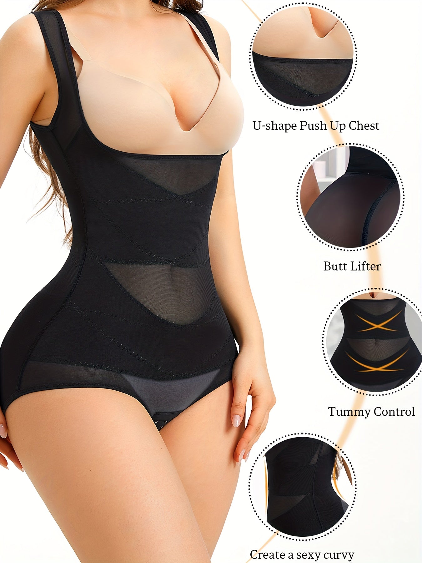 Rolewpy Women'S Sheer Mesh Shapewear Bodysuit - Tummy Control Butt Lifting Corset with Adjustable Straps, Breathable Comfort Fit for Workout & Casual Attire, Black, Tummy Control Shapewear, Posture Support, Sleek Design, Smooth Texture