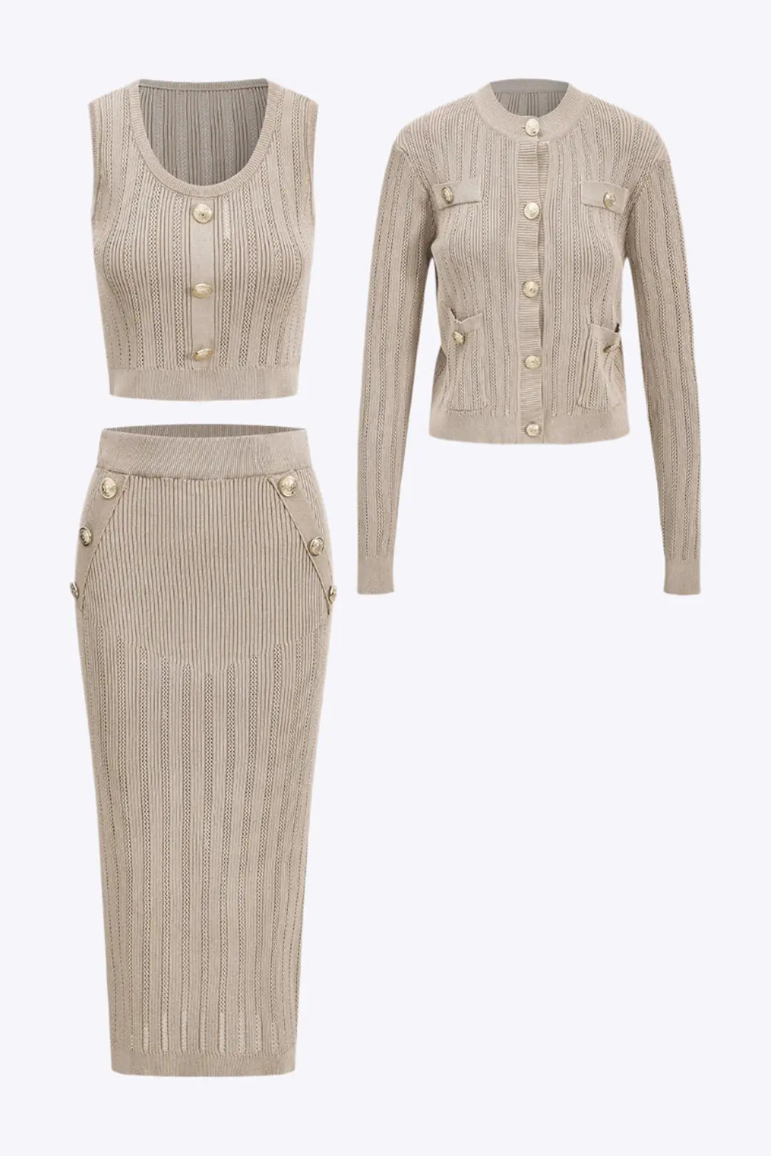 Winona – Blødt Strikket Co-Ord Sæt Kvindetanktop, Cardigan og Nederdel-Sets-Zuruz-Kaki-S-Zuruz