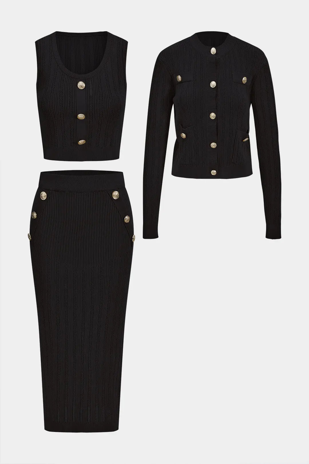 Winona – Blødt Strikket Co-Ord Sæt Kvindetanktop, Cardigan og Nederdel-Sets-Zuruz-Sort-S-Zuruz