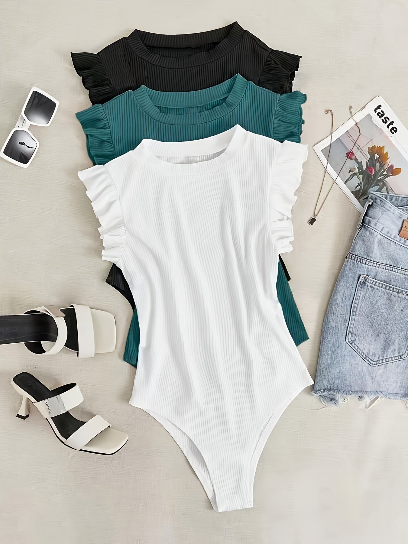 3pcs Women'S Lace Sleeveless Bodysuits - Ribbed, Round Neck, Button Detail, Solid Color, Spring/Summer Collection, Versatile Bodysuit | Button Detail Bodysuit | Construction, Bodysuit Layers