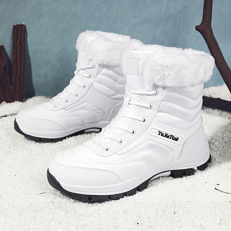 Women's High-Top Snow Boots Solid Color with Flannel Lining, Superfine Fiber Upper, Round Toe Design, Non-Slip Rubber Sole, Warm Plush Insole - Lace-Up Winter Footwear