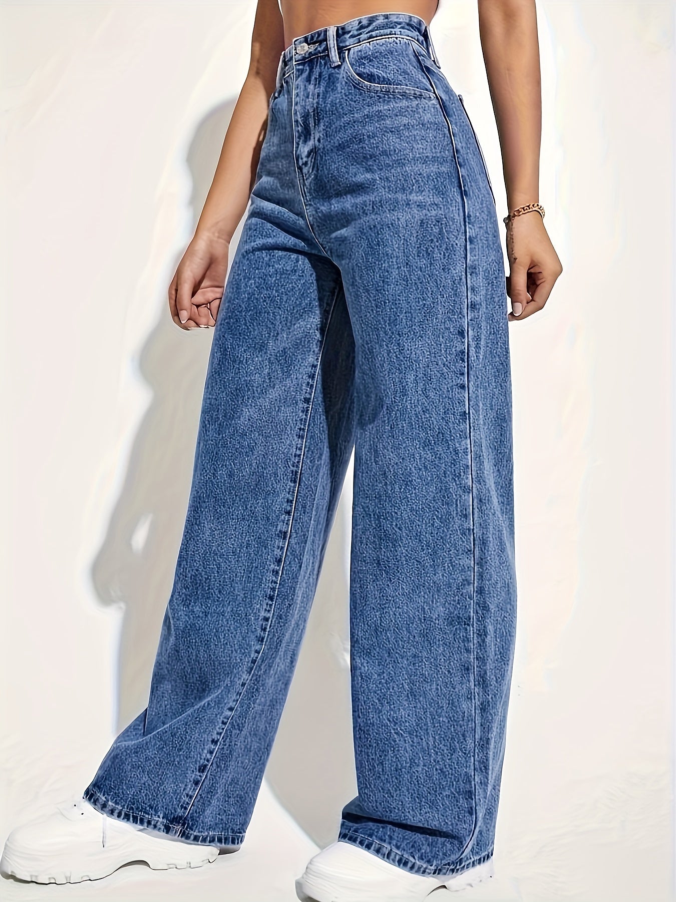Casual Plain Washed Denim Jeans, High Rise Button Fly Straight Leg Denim Pants, Women's Denim Jeans & Clothing
