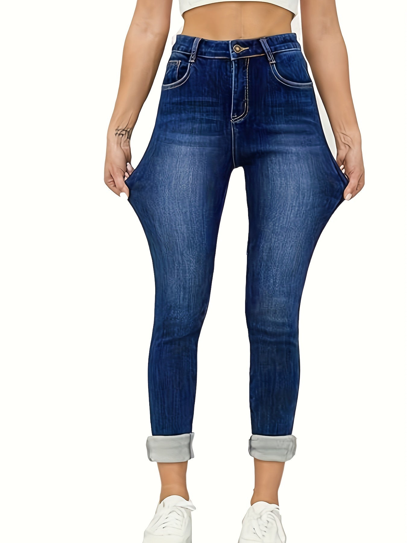 Women'S Cozy Fleece-Lined Slim-Fit Jeans with Flap Pockets - Stretch Denim Long Pants, Casual Style, Button Closure, Gray, Perfect for Fall/Winter, Winter Jeans|Casual Style Jeans|Slim Fit Jeans