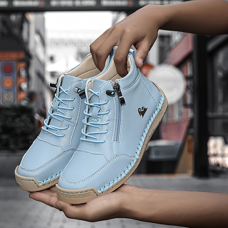 Women'S Light Blue Casual Mid-Top Ankle Boots with Side Zipper & Lace-Up Closure - Breathable Fabric Upper, Non-Slip Rubber Sole, All-Season Comfort, Machine Washable, Allseason Footwear, Stylish Streetwear, Durable Footwear