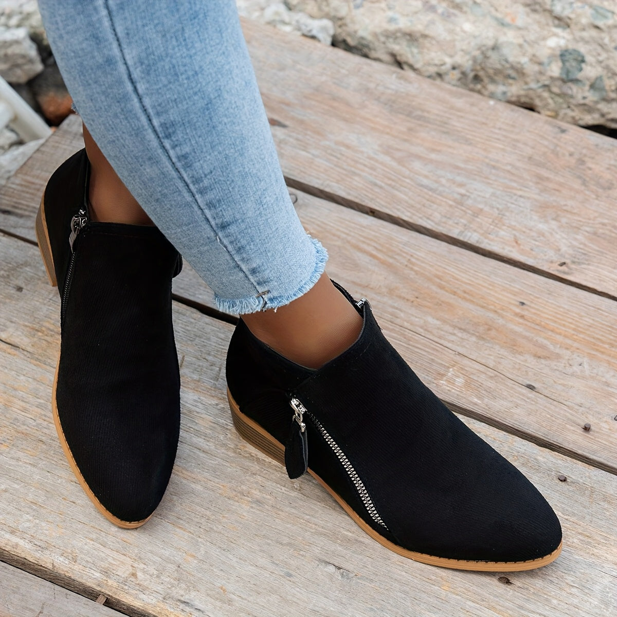 MZMQS Women'S Chunky Heel Ankle Boots - Low Block Heel, Pointed Toe, Zipper Closure, Fabric Upper & TPR Sole, Casual Winter Boots for Everyday & Travel, Everyday Ankle Boots | Zipper Closure Boots | Durable Fabric Boots