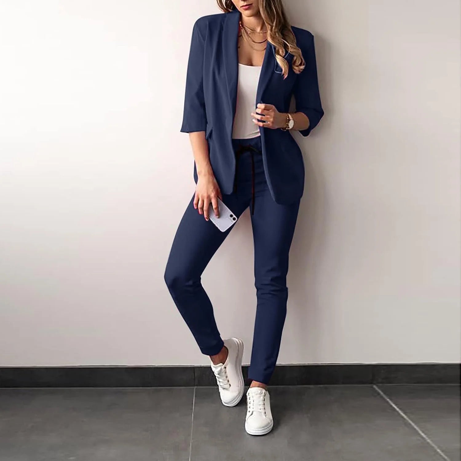Women’S Pantsuit – Tailored Blazer with 3/4 Sleeves – Slim Fit Trousers – Office Wear