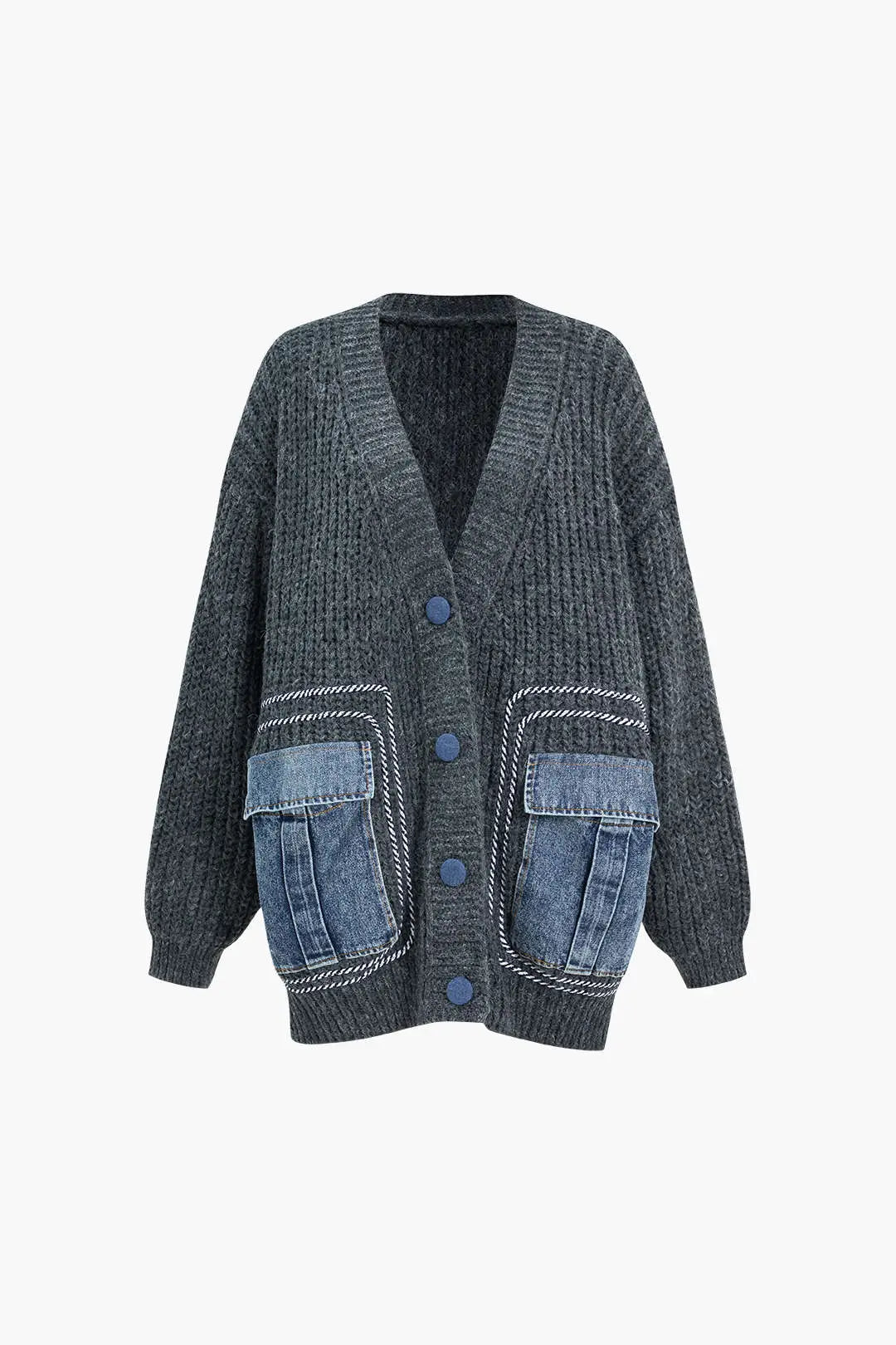 Guinevere – Denim Patchwork Knap-lomme Kvinde Cardigan-Cardigans-Zuruz-Grå-S-Zuruz