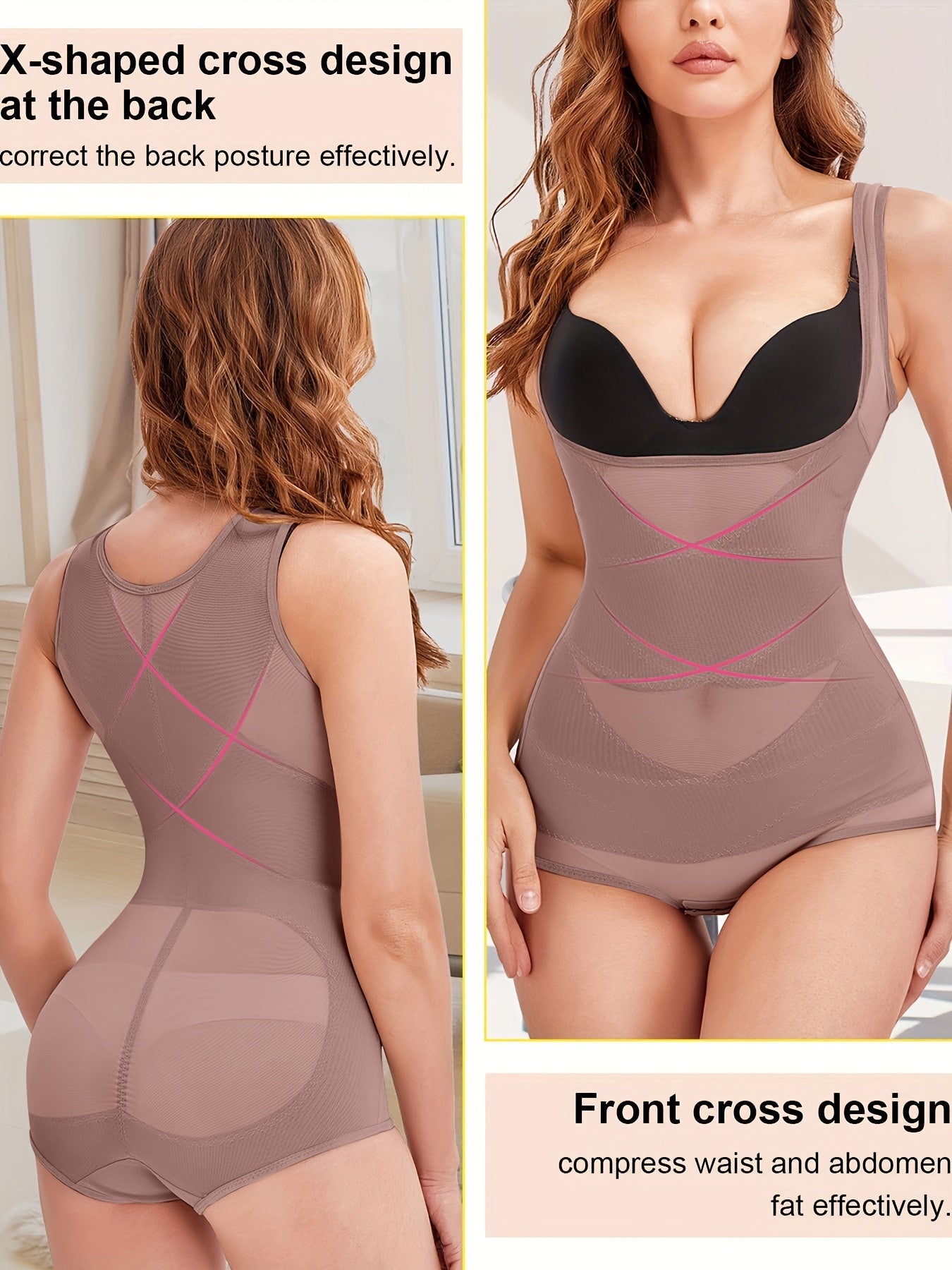 Women's Full Body Waist Trainer Corset Bodysuit - Tummy Control Shapewear with Butt Lifter, Open Back Zipper & Breathable Mesh Panels, Adjustable Hook-and-Eye Closure, 90% Polyester/10% Spandex, Brown/Black, Workout & Casual Attire