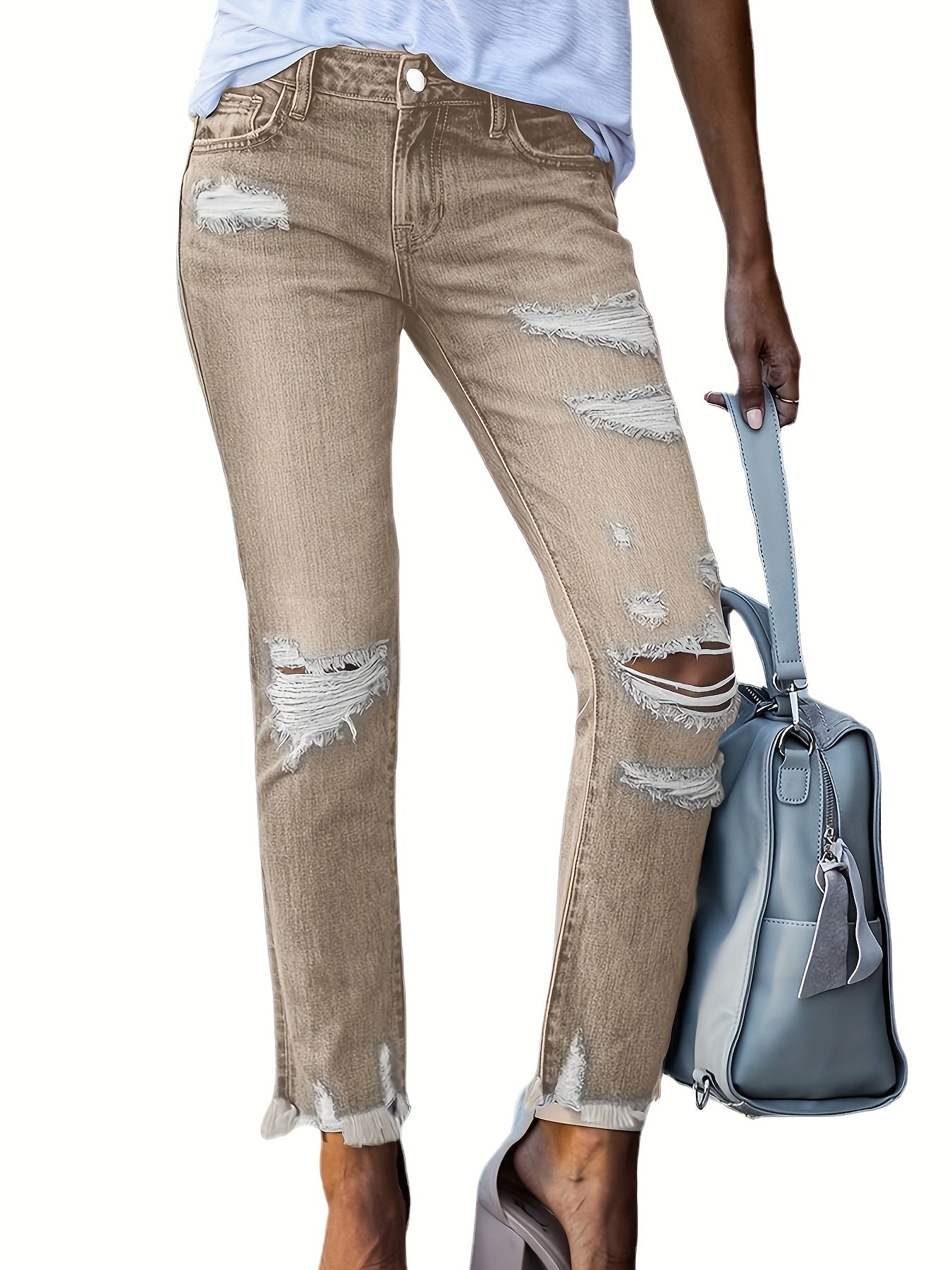 Women'S Stretchy Ripped Denim Cropped Jeans - Slim Fit, Mid-Rise, Casual Street Style with Pockets, All-Season Comfort, Dark Wash, Midrise Jeans