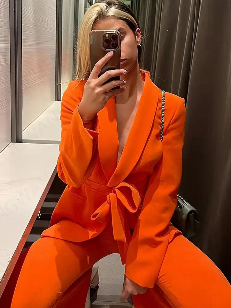 Women'S Elegant Blazer Set – Shawl Lapel Jacket & Wide-Leg Pants