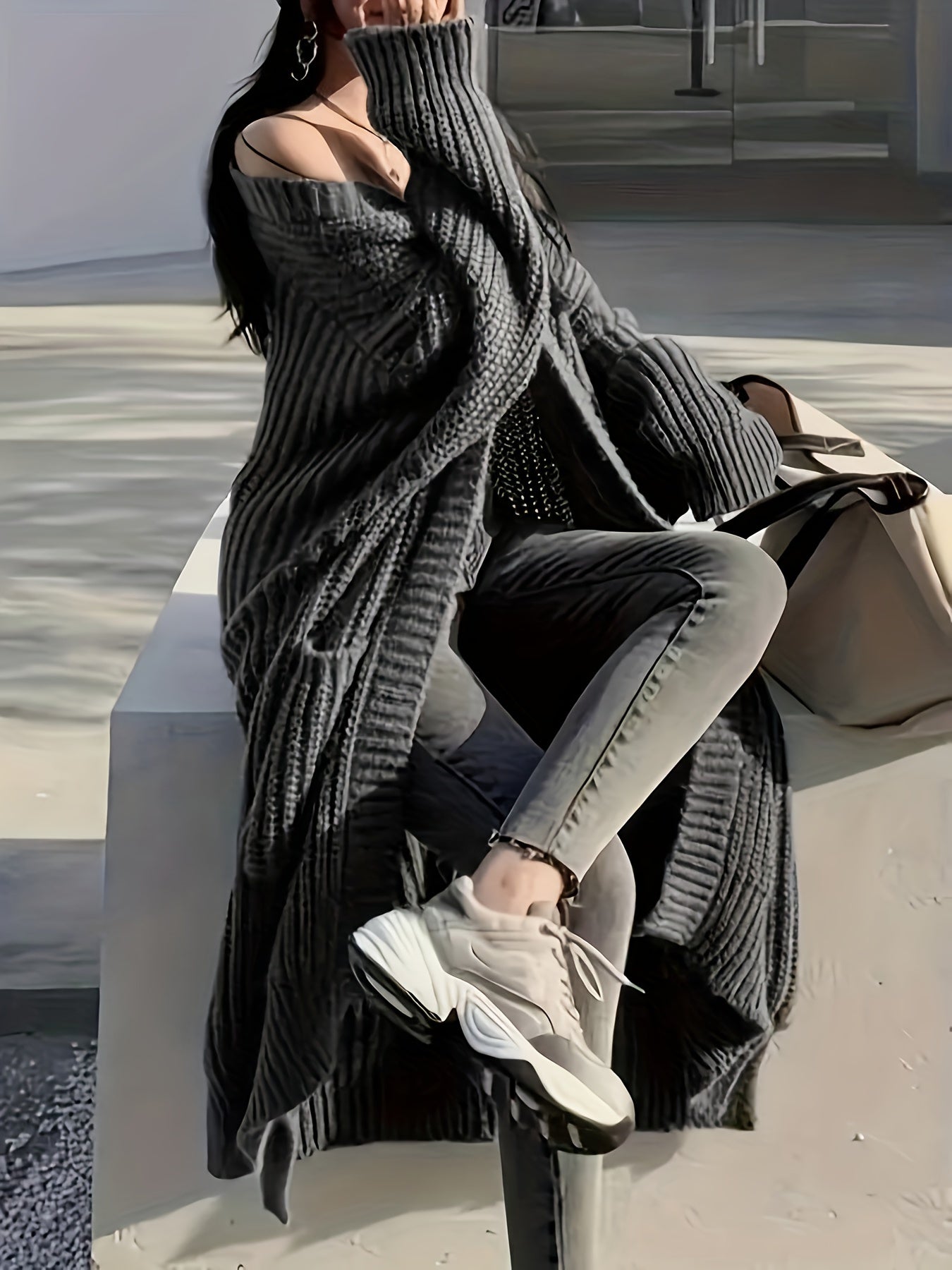 Women'S Oversized Y2K Cardigan - Long Sleeve, Open Front, Ribbed Knit with Pockets, Loose Fit, Long Length, Polyester, Perfect for Fall & Winter, Casual Wear | Oversized Cardigan | Glossy Texture, Cute Cardigan