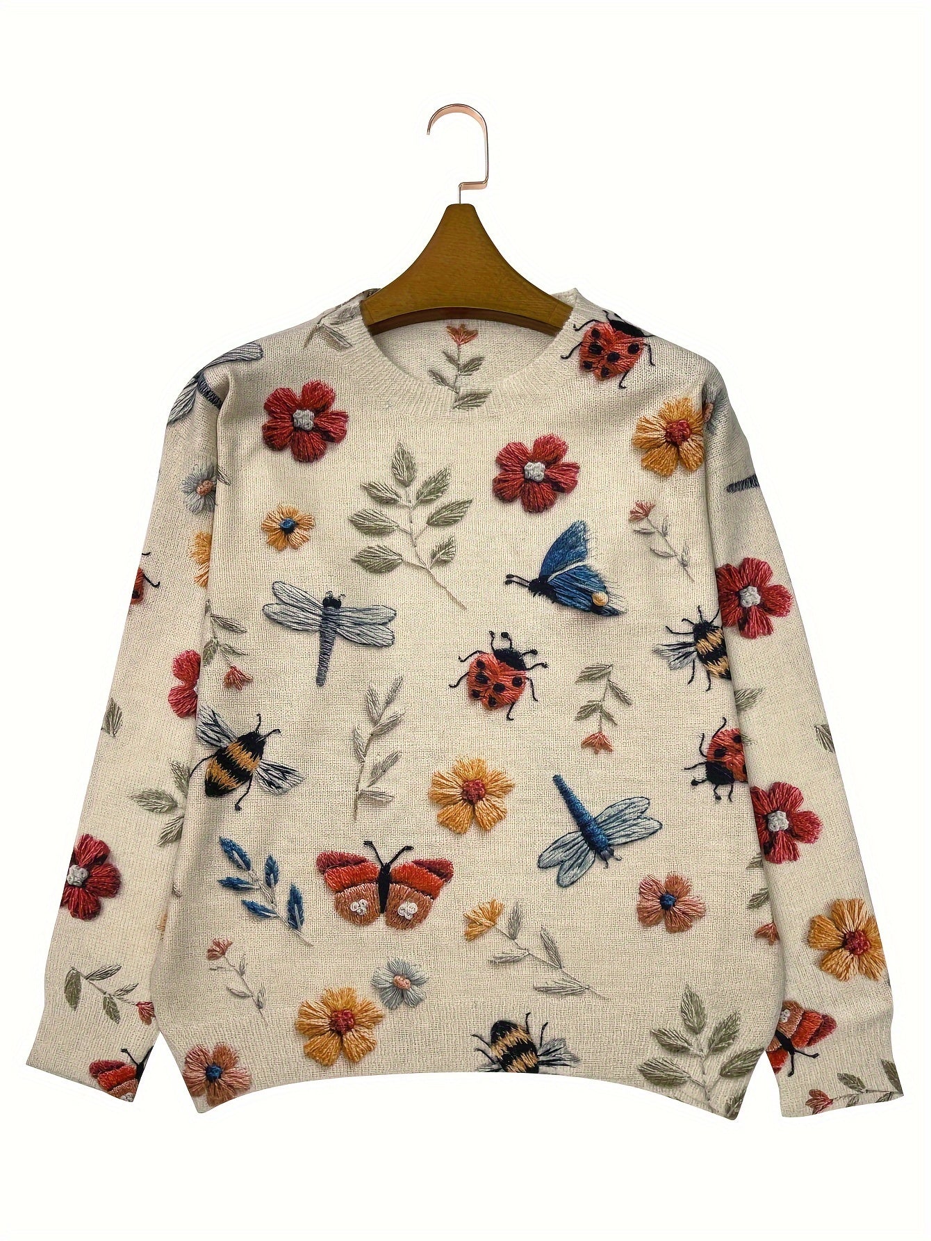 Women'S Lightweight 3D Printed Insect & Floral Sweater - Long Sleeve Crew Neck Casual Top with Vibrant Dragonfly, Bee & Flower Design, Beige Base, Perfect for Spring & Fall, Allseason Top | Floral Print Top | Stretchy Fabric