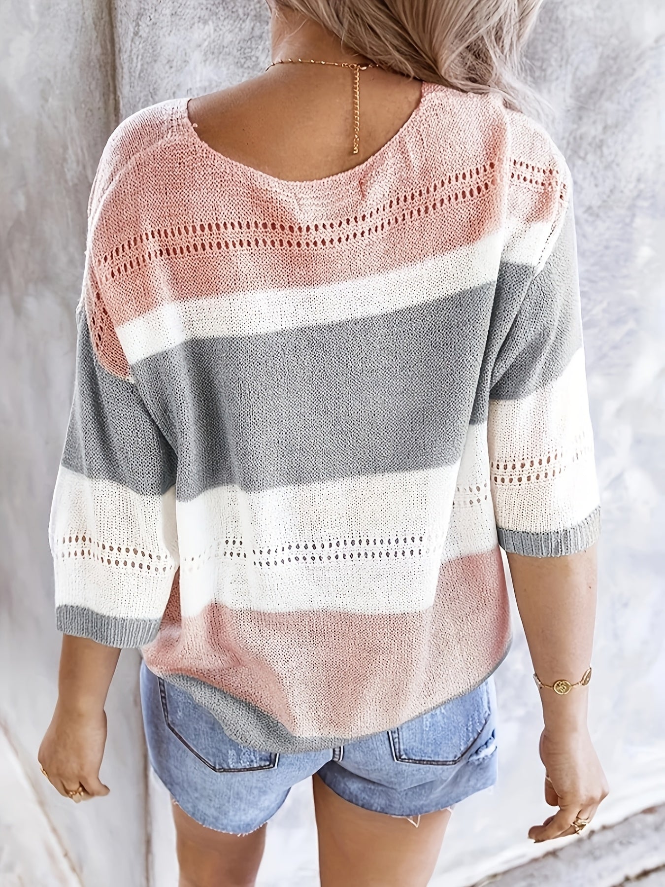Women'S Casual V-Neck Sweater - Off-Shoulder, Striped Knit Top with Hollow Detail, Perfect for Spring/Summer, Light Gray & Pink, Ladies Sweaters