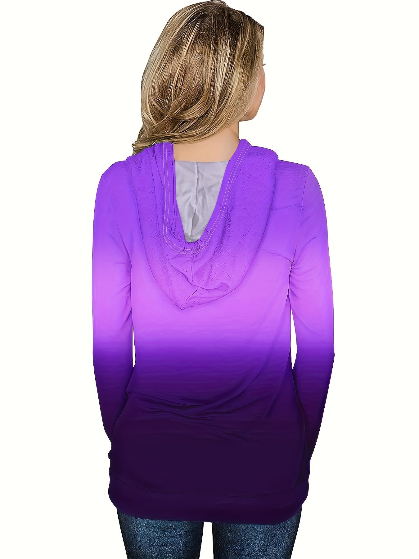 Ombre Kangaroo Pocket Hoodie, Casual Long Sleeve Drawstring Hoodies Sweatshirt, Women's Clothing