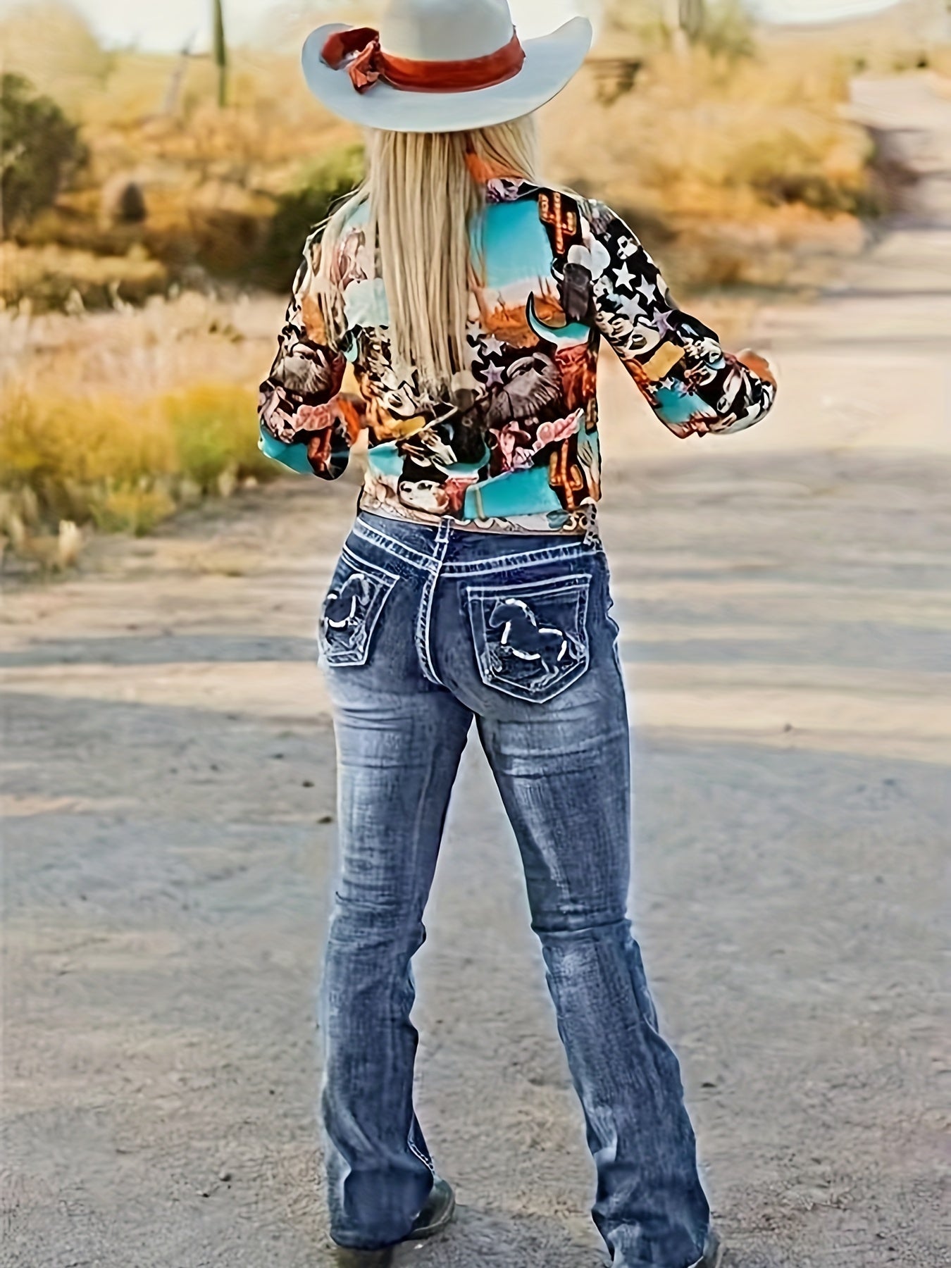 Horse Embroidered Detail Patch Pocket Retro Jeans, Whiskering Slash Pocket Denim Pants, Women's Denim Jeans & Clothing