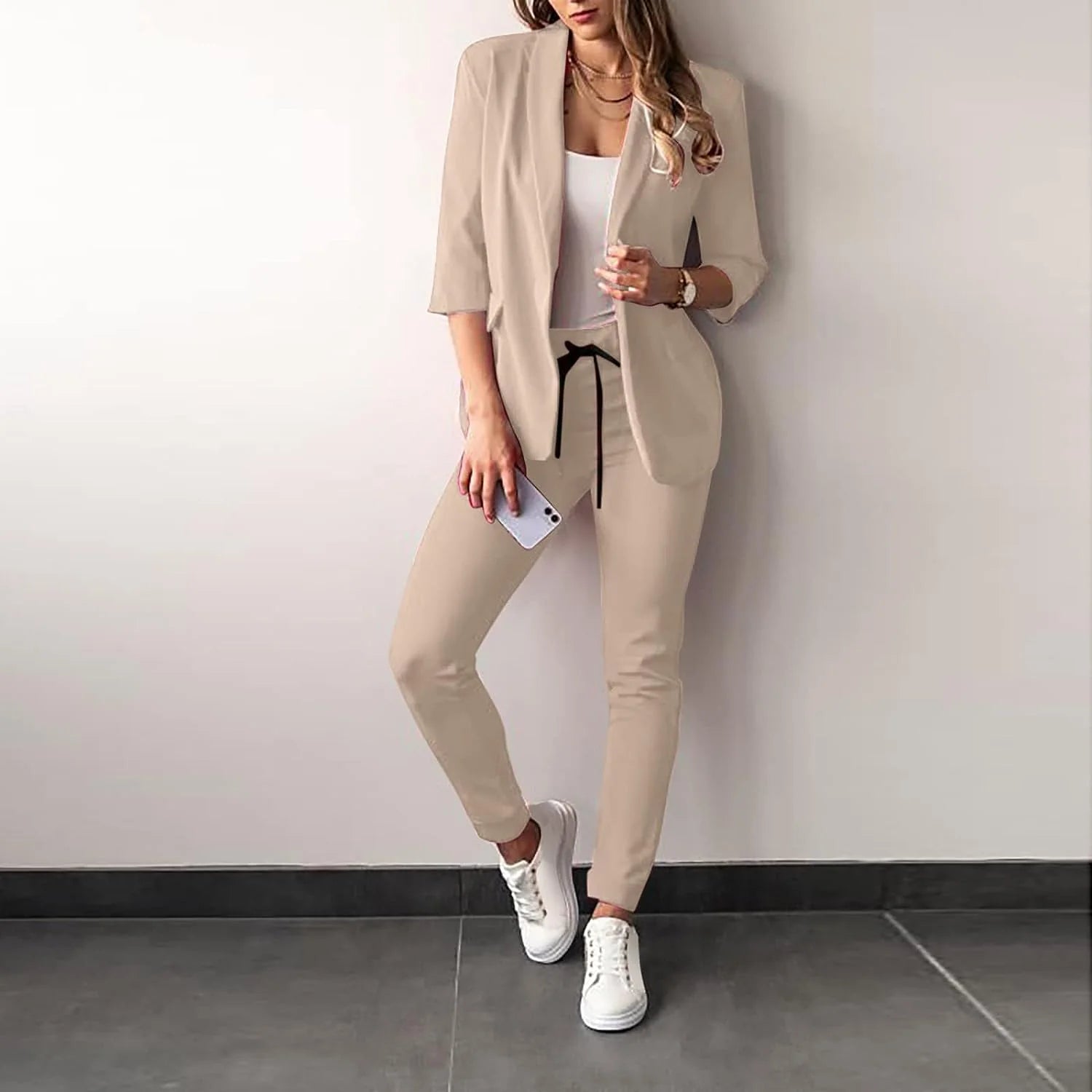 Women’S Pantsuit – Tailored Blazer with 3/4 Sleeves – Slim Fit Trousers – Office Wear