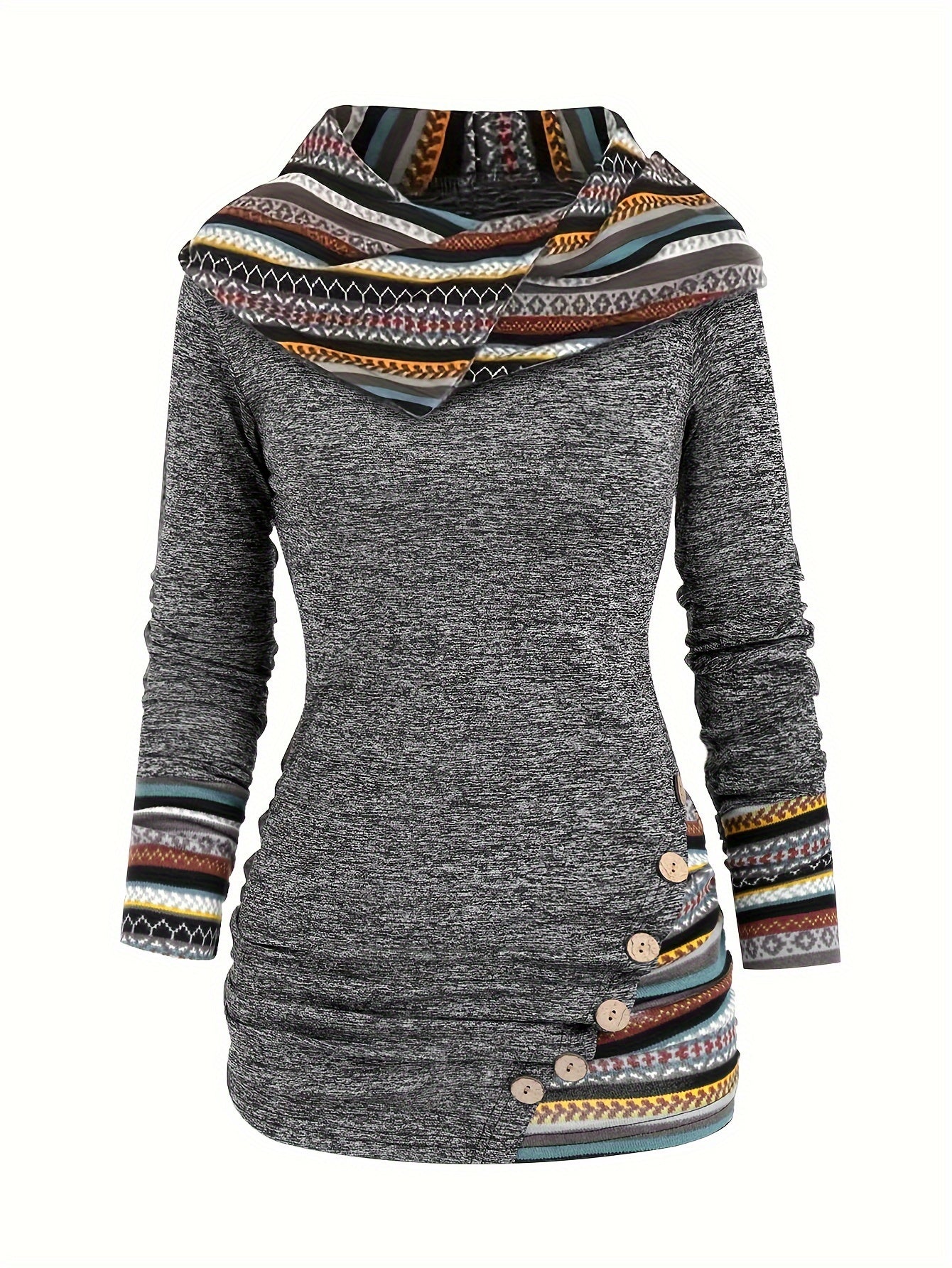 Women's Y2K Retro Geometric Striped Hooded Top - Ethnic Pattern Long Sleeve Faux Button Front, High Elasticity Machine-Washable Fall Winter Elegant Casual Chic Long Length Blouse, Elegant Long Sleeve Button Blouses, Highelasticity Knitwear