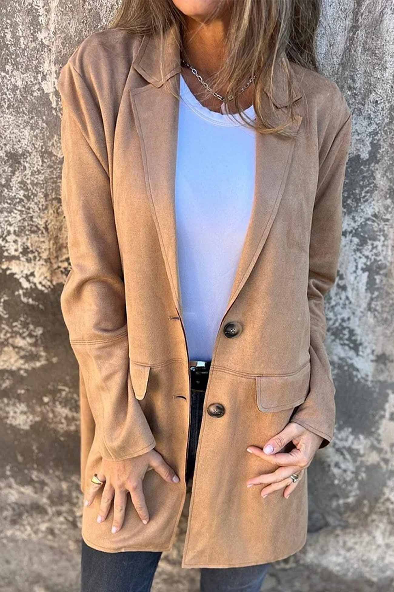 Women’S Suede Blazer - Tailored Fit - Notched Lapel - Single-Breasted Two-Button Jacket