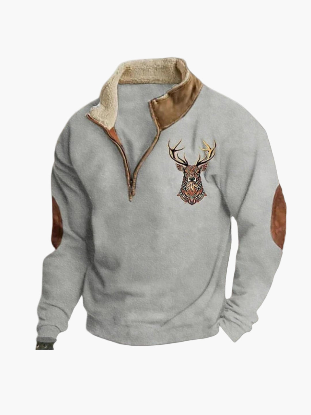 Sweatshirt med kvart lynlås og broderet hjort til mænd - fritid og varme