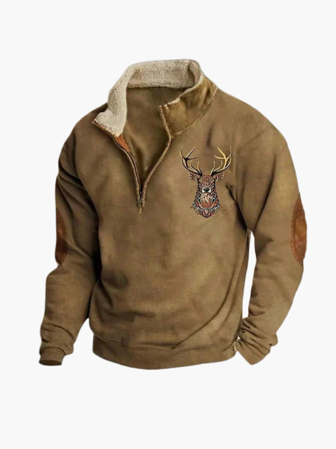 Sweatshirt med kvart lynlås og broderet hjort til mænd - fritid og varme