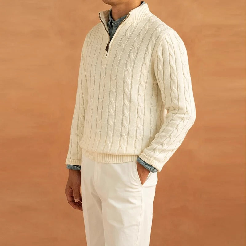 Edward Jacquard-trøje med halv lynlås og høj hals til mænd – tidløs stil i gammel penge-stil Navy
