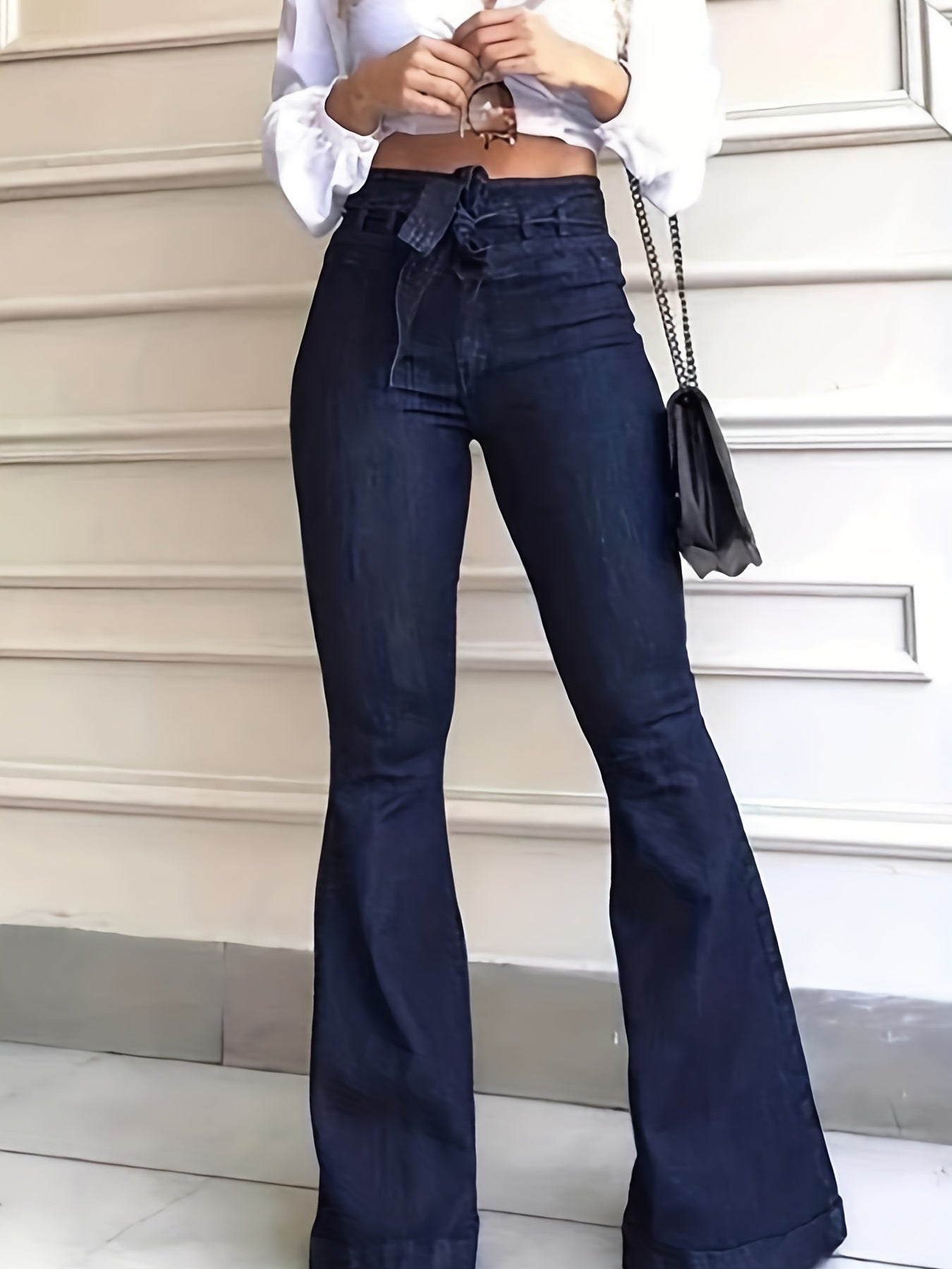 Women's High-Waisted Skinny Bell Bottom Jeans - Ripped Raw Hem Denim Pants with Belt Loops, Mid-Stretch Machine-Washable Fabric for Casual & Semi-Formal Outfits, Versatile Fashion Pants | Flared Leg Denim | Trendy Denim Style
