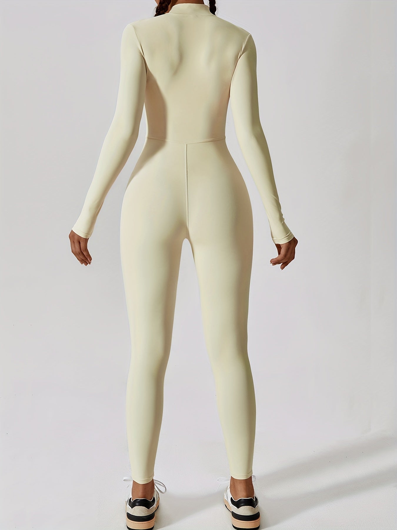 Langærmet Zip Jumpsuit Yoga Ensfarvet Slim Fit Til Kvinder