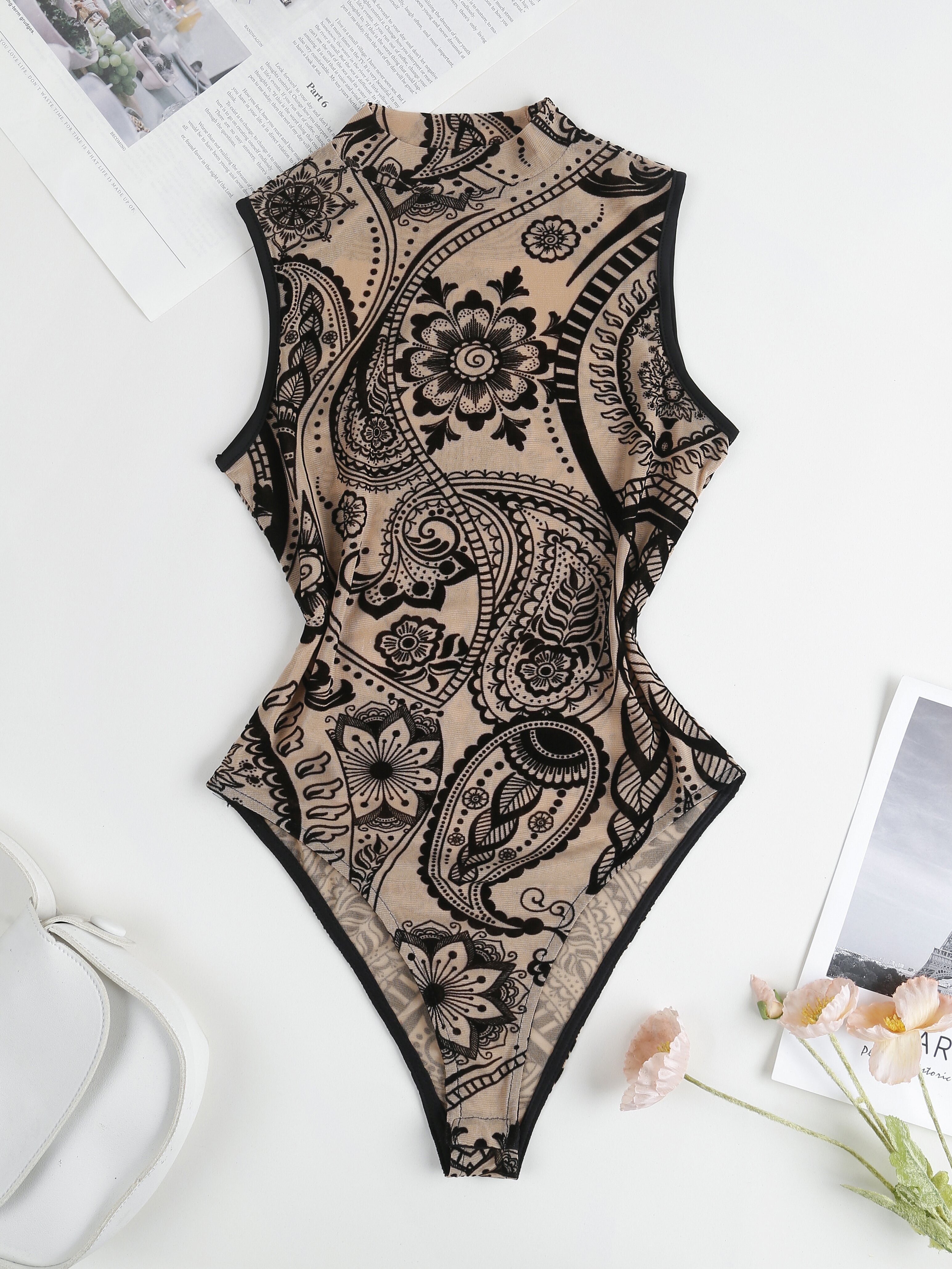 Women's Y2K Tropical Floral Print Sheer Mesh Sleeveless Bodysuit - High Elasticity Slim Fit, Breathable & Machine Washable for Casual or Formal Wear, Seamlessbodysuit, Versatile Fashion, Sophisticated Style, Stretchy Fabric