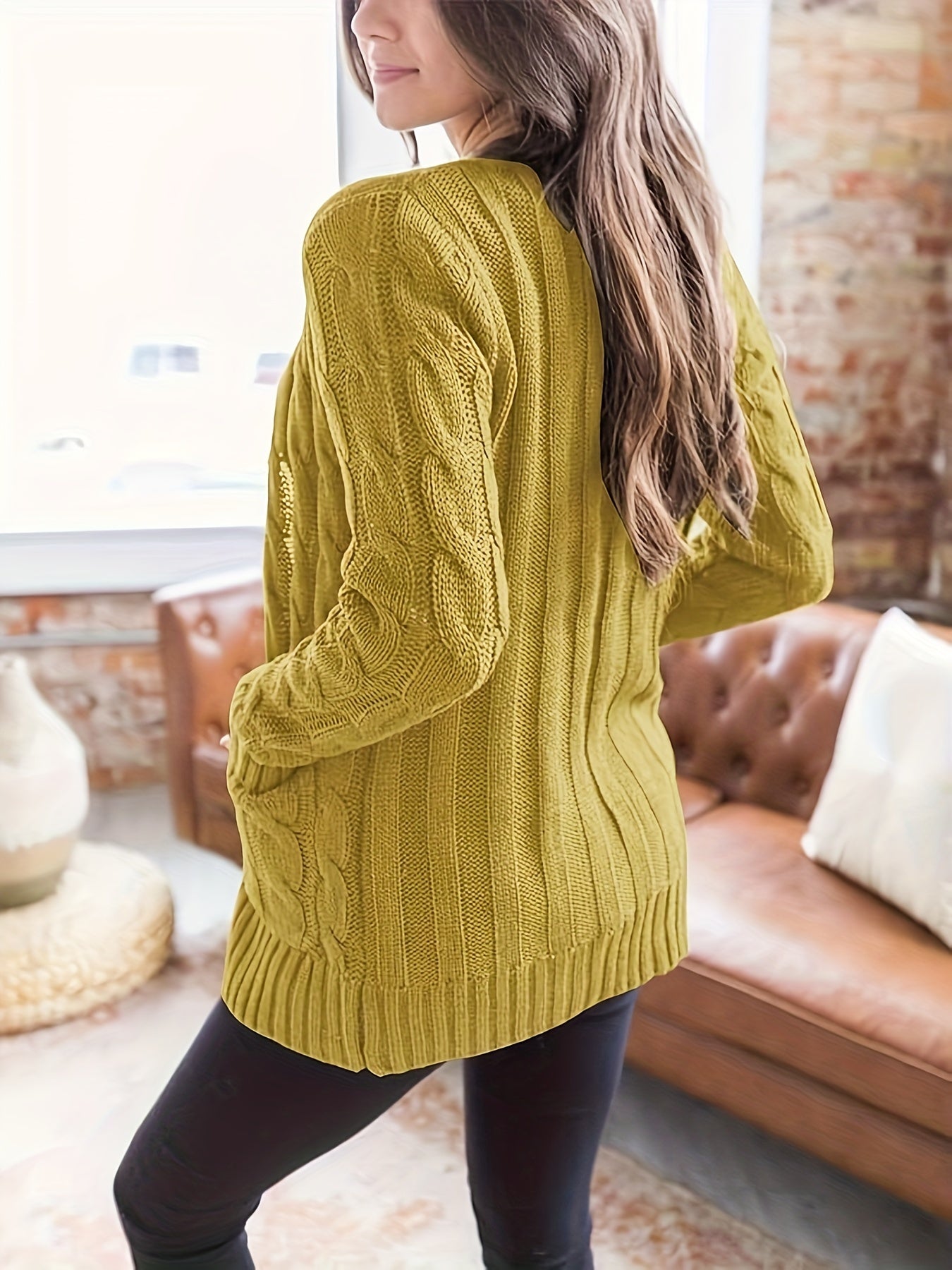 Women'S Long Sleeve Cable Knit Cardigan - Olive Green, V-Neck with Buttons, Loose Fit, Fall/Winter Fashion, Polyester, Casual Wear Cardigan | Cable Knit Texture | Knit Texture, Cute Cardigan