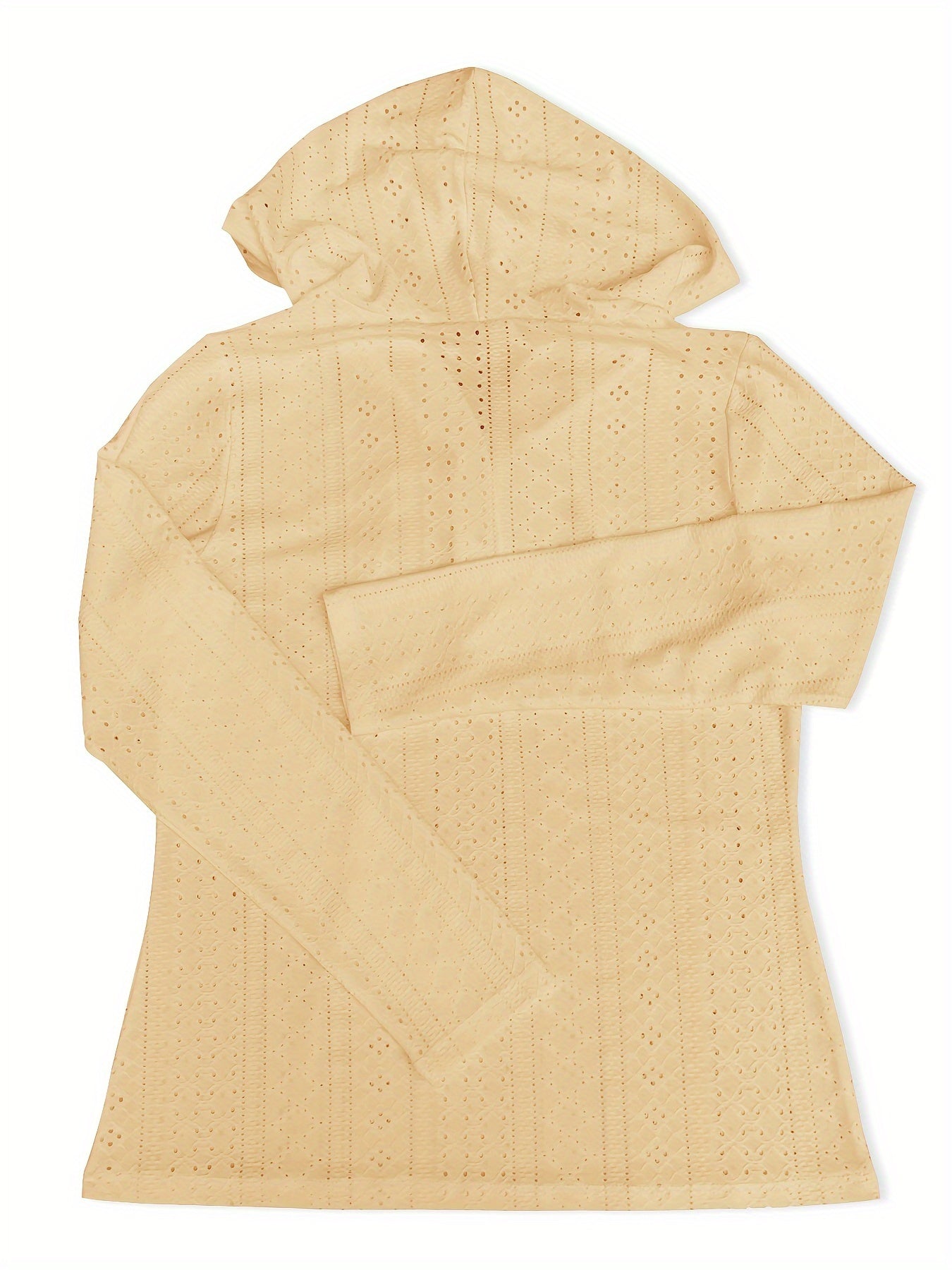 1pc Women'S Casual Sports Pullover - Polyester Knit Fabric with Embroidered Eyelet Detail, Hooded Collar, Button Twist, Loose Fit Long Sleeve Top for All Seasons
