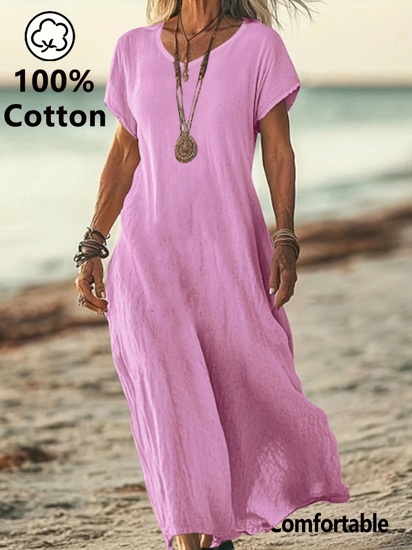 Women's Pure Vacation Style Maxi Dress, Elegant and Comfortable Holiday Long Skirt, 100% Solid Color for Spring Summer Autumn
