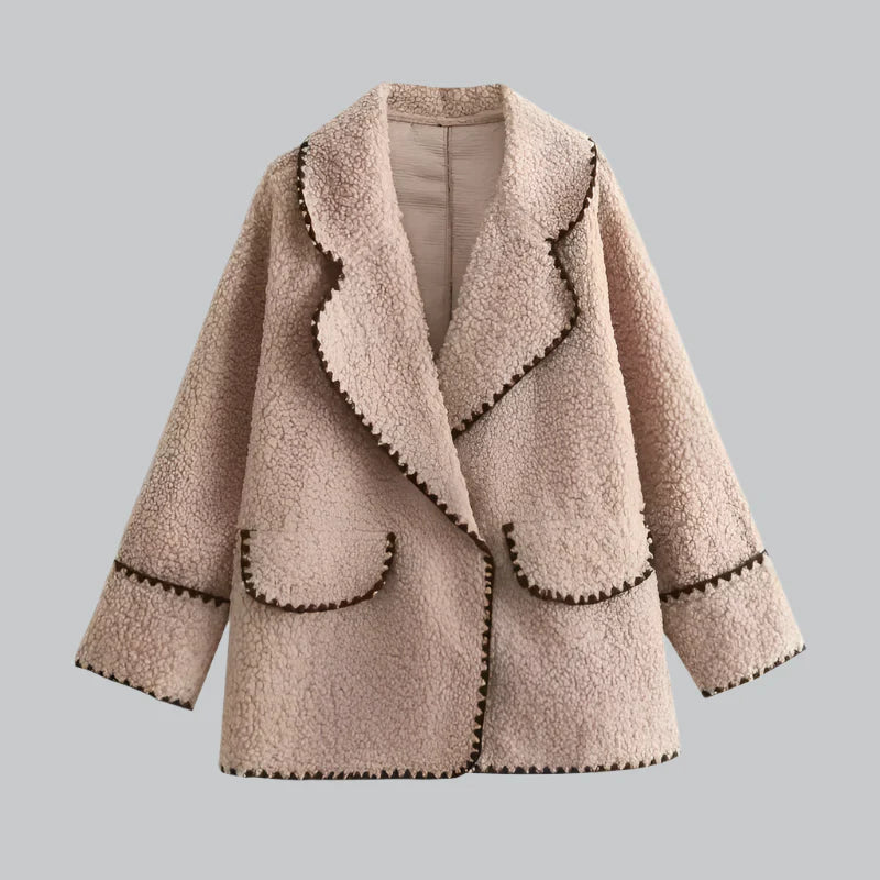 Women’S Jacket – Oversized Fit – Lambswool Texture – Statement Stitching – Double-Breasted
