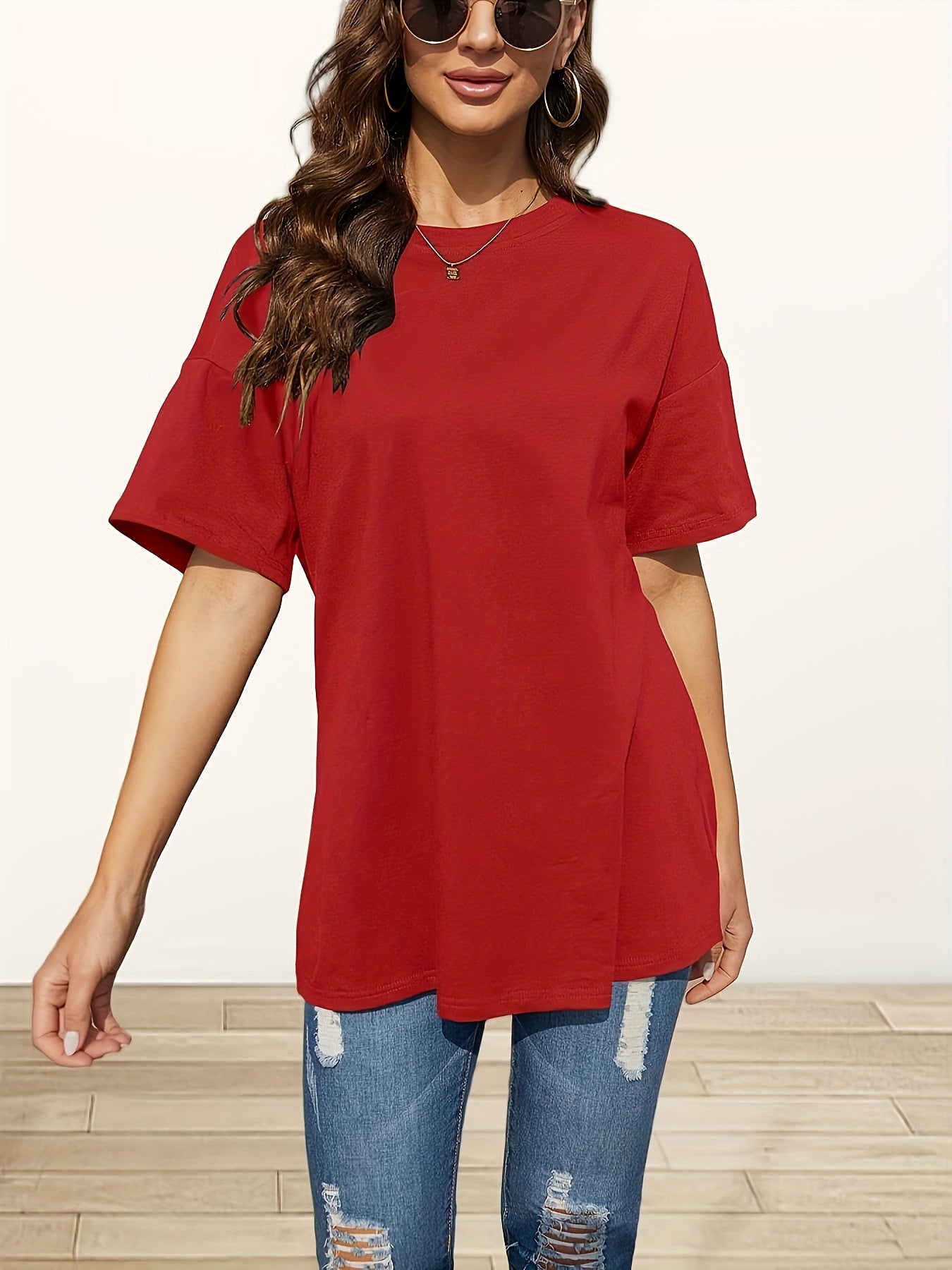 Oversized Rosa T Shirt Rund Hals Sommer Bluse Løst