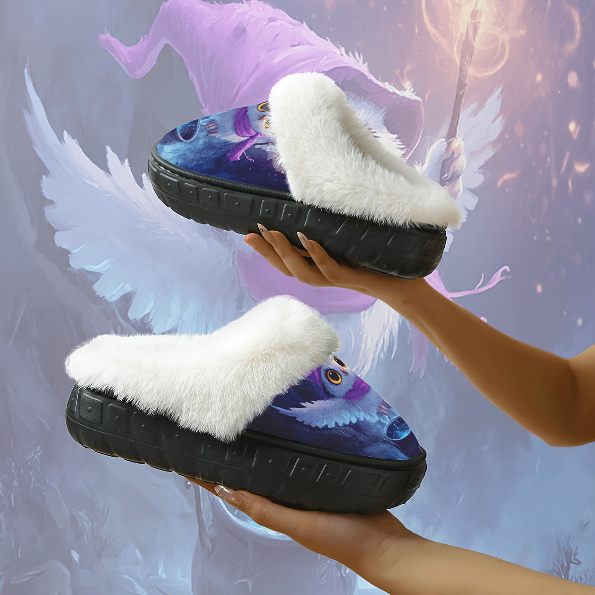 1 Pair Women's Enchanted Owl Wizardry Magical Slippers - Plush Soft Plush Slip-On Indoor/Outdoor House Shoes with Non-Slip EVA Sole, Cozy Warm Lining & Wizard Owl Design (Purple/Blue/Pink) - All-Season Comfort for Halloween, Christmas, Fantasy-Themed Eve