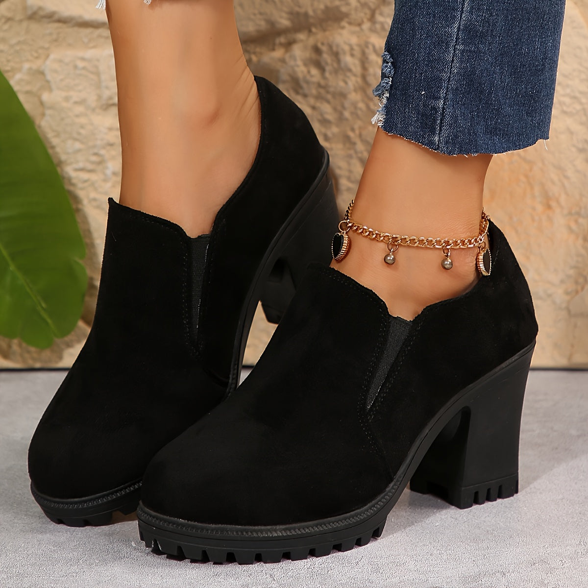 Women's Classic Block Heel Ankle Boots, Solid Color Fabric Upper with Rubber Sole, Plain Toe, All-Season Comfort Work Shoes