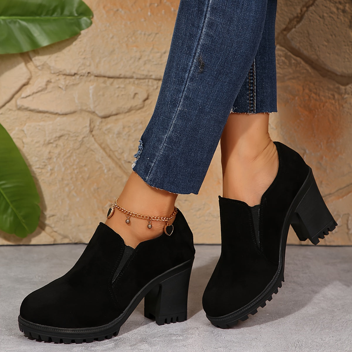 Women's Classic Block Heel Ankle Boots, Solid Color Fabric Upper with Rubber Sole, Plain Toe, All-Season Comfort Work Shoes
