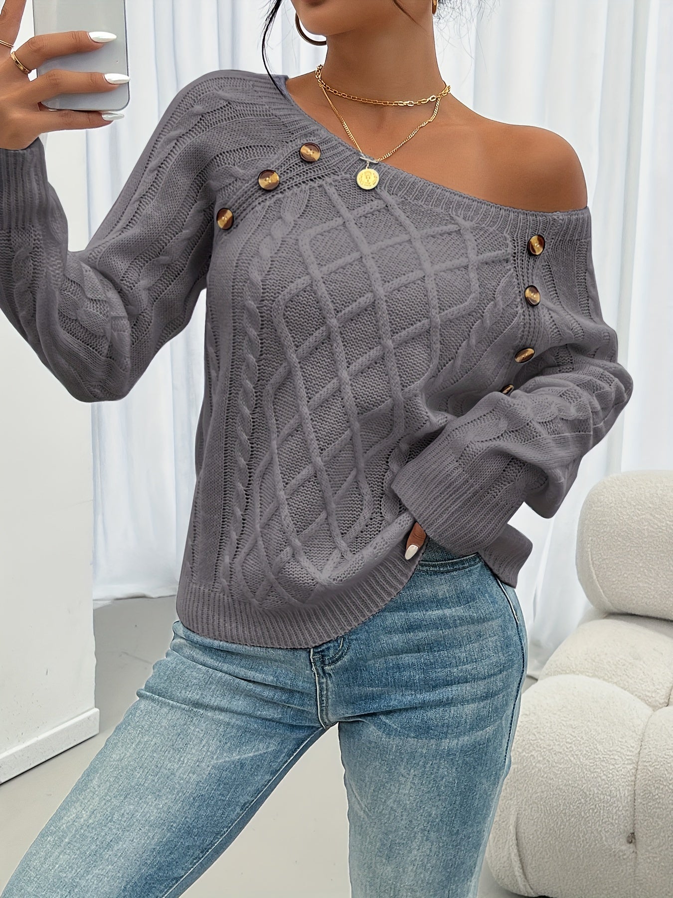 Women's Casual Square Neck Cable- Button-Front Sweater with Lantern Sleeves - Rich Red Medium Stretch Top for Fall Winter Layering, Sweater, Cozy Autumn Apparel, Winter Comfort Clothing, Textured Knitwear, Comfortable Fit
